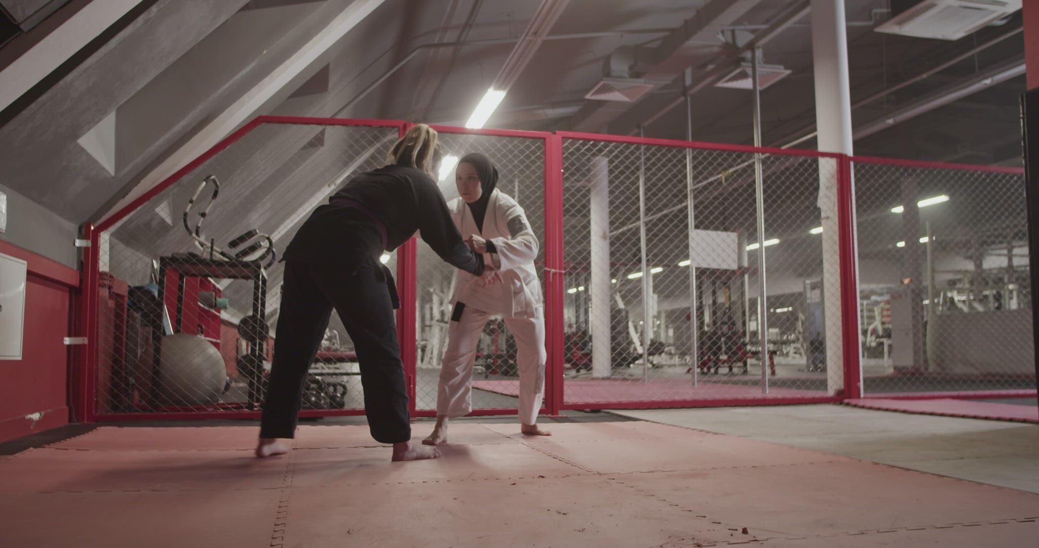 Diverse female wrestlers trying to perform takedown
