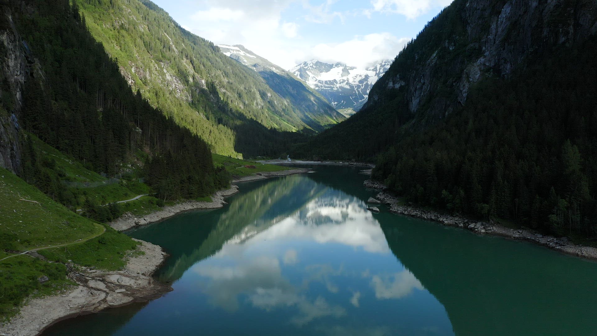 Austria, Tyrol. Aerial footage over Stillup Lake