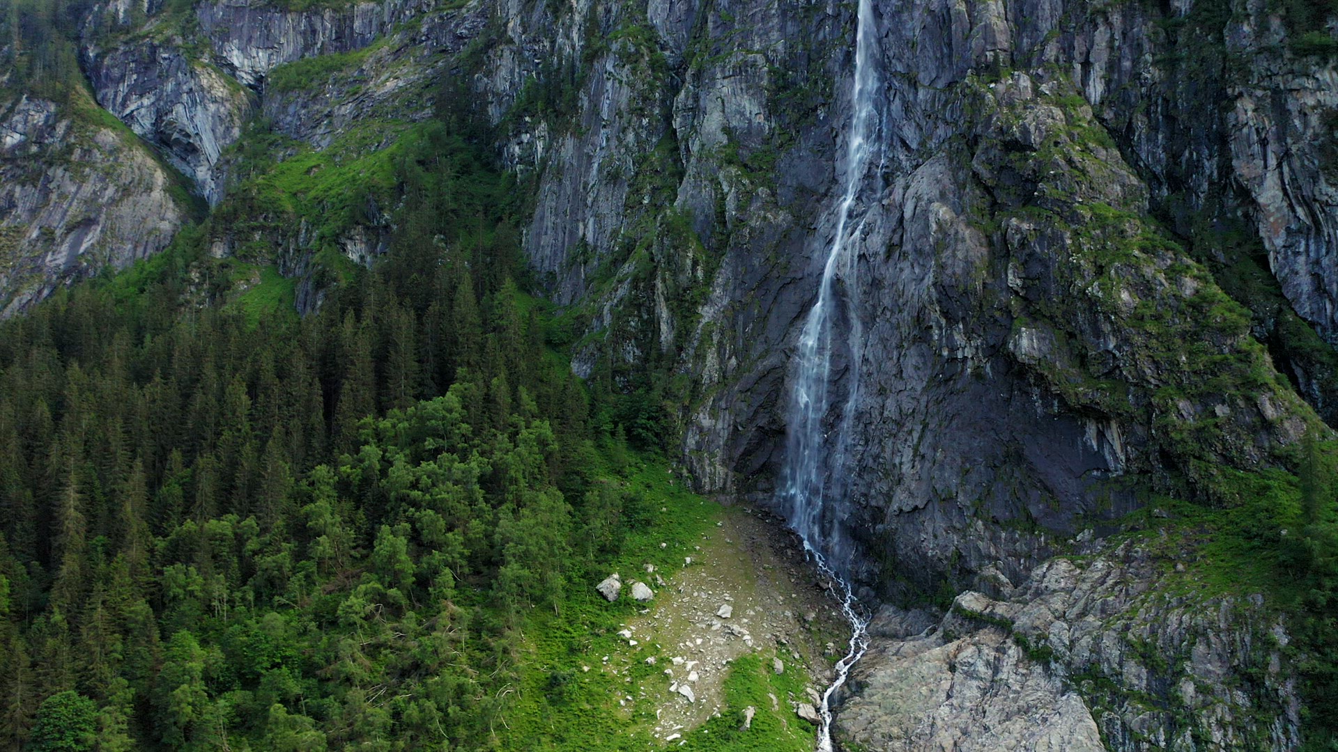 Aerial view of beautiful Waterfall Mountain of Stillup Lake, Austria, Tyrol