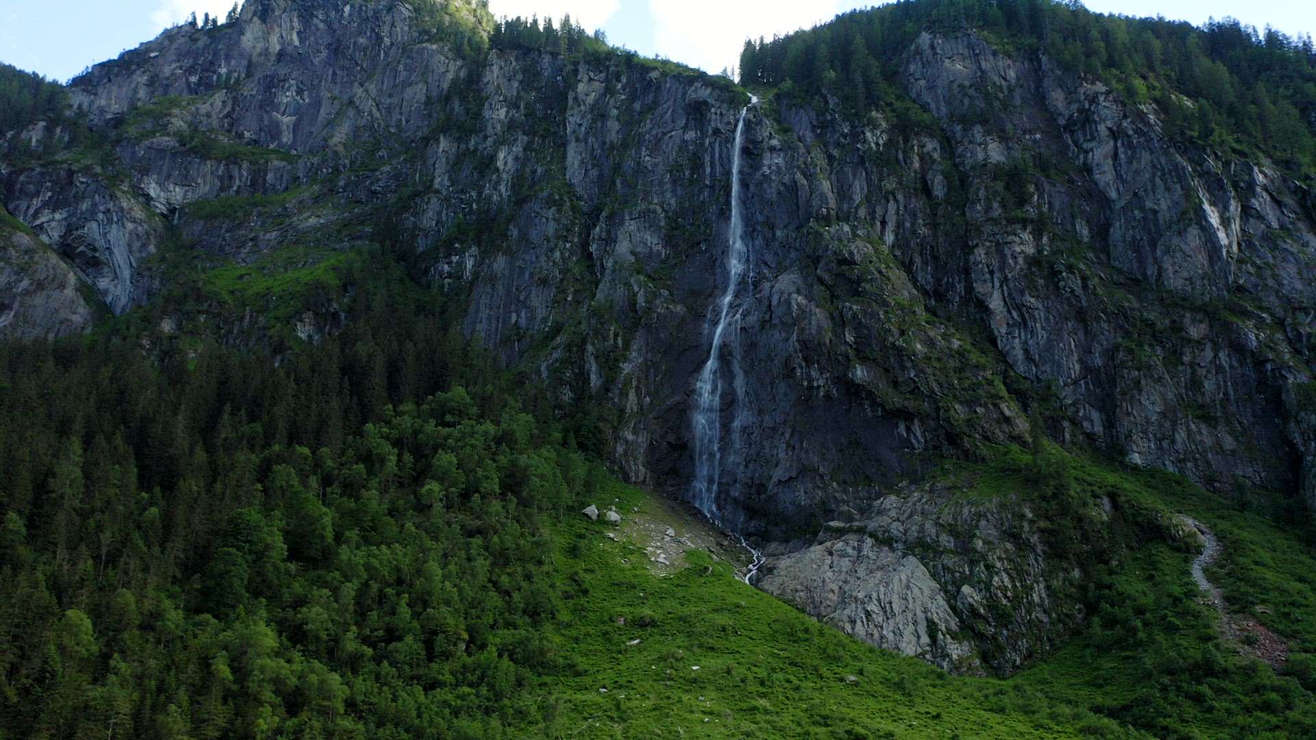 Aerial view of mountain waterfall located at Stillup Lake, Austria, Tyrol