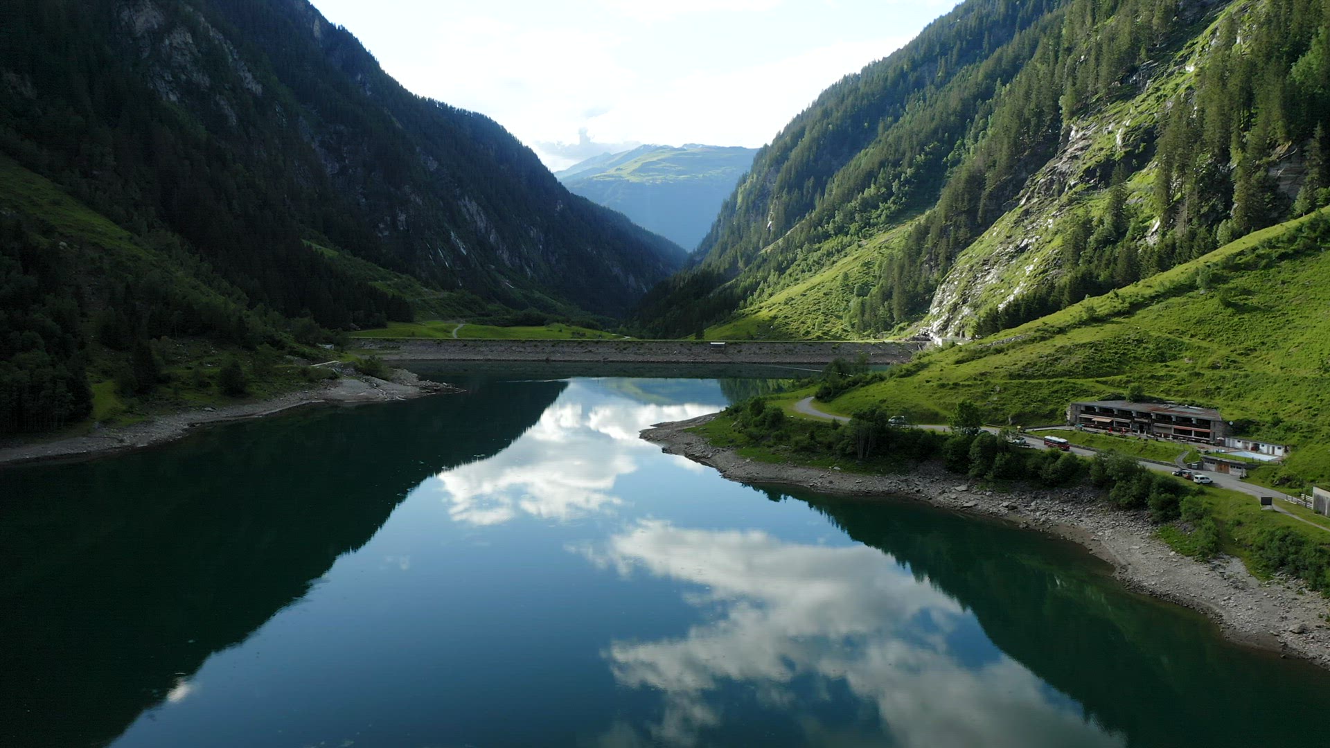 Aerial view of water surface of Mountain lake Stillup, Austria, Tirol