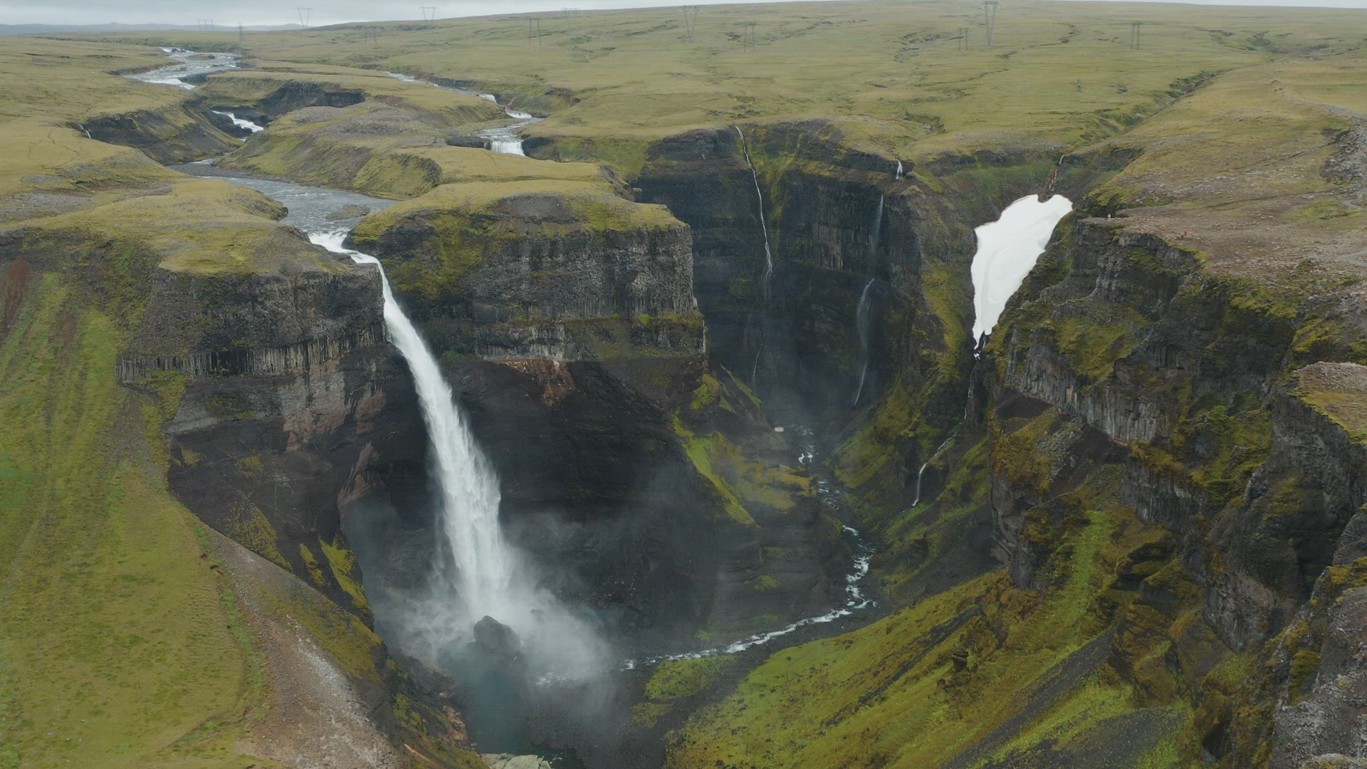 Haifoss waterfall in Iceland, Aerial static view. Natural wonder Landmannalaugar canyon
