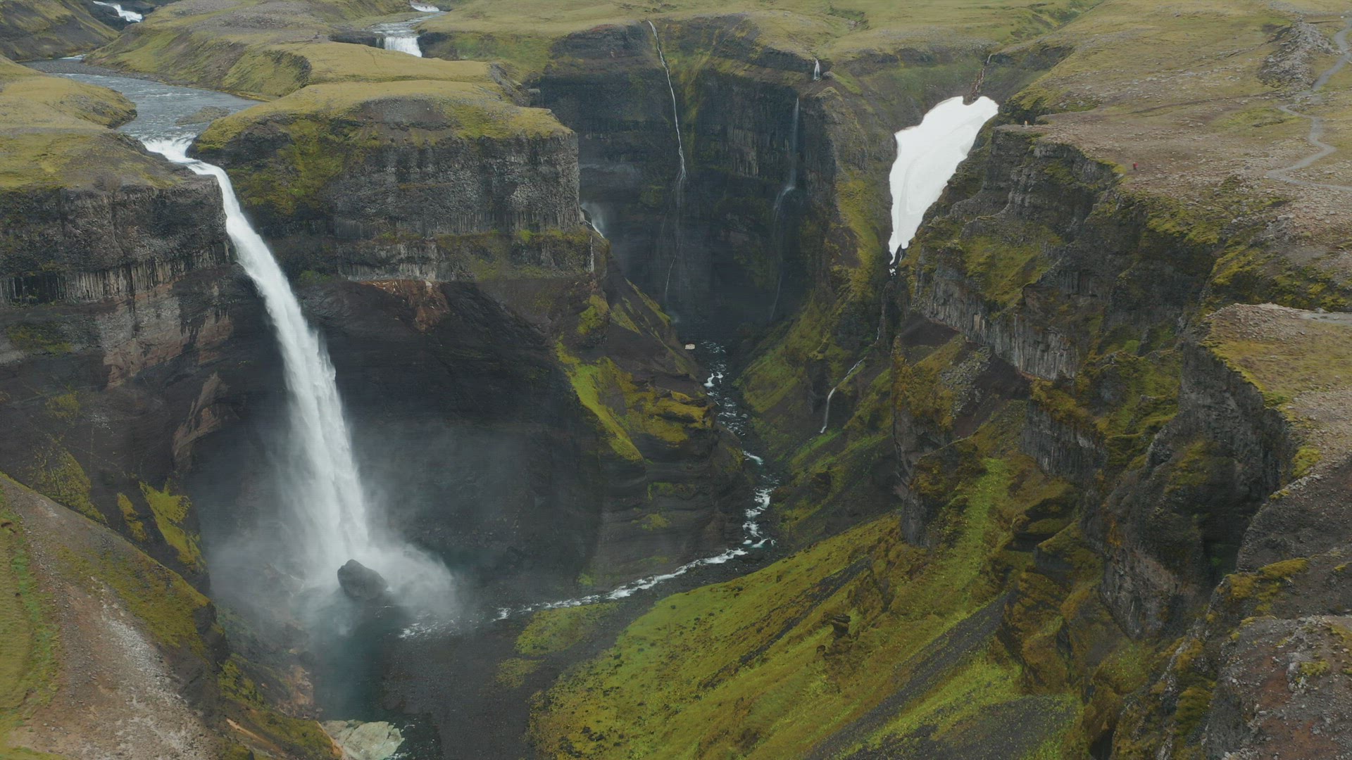 Haifoss waterfall in Iceland, Aerial view of natural wonder Landmannalaugar canyon