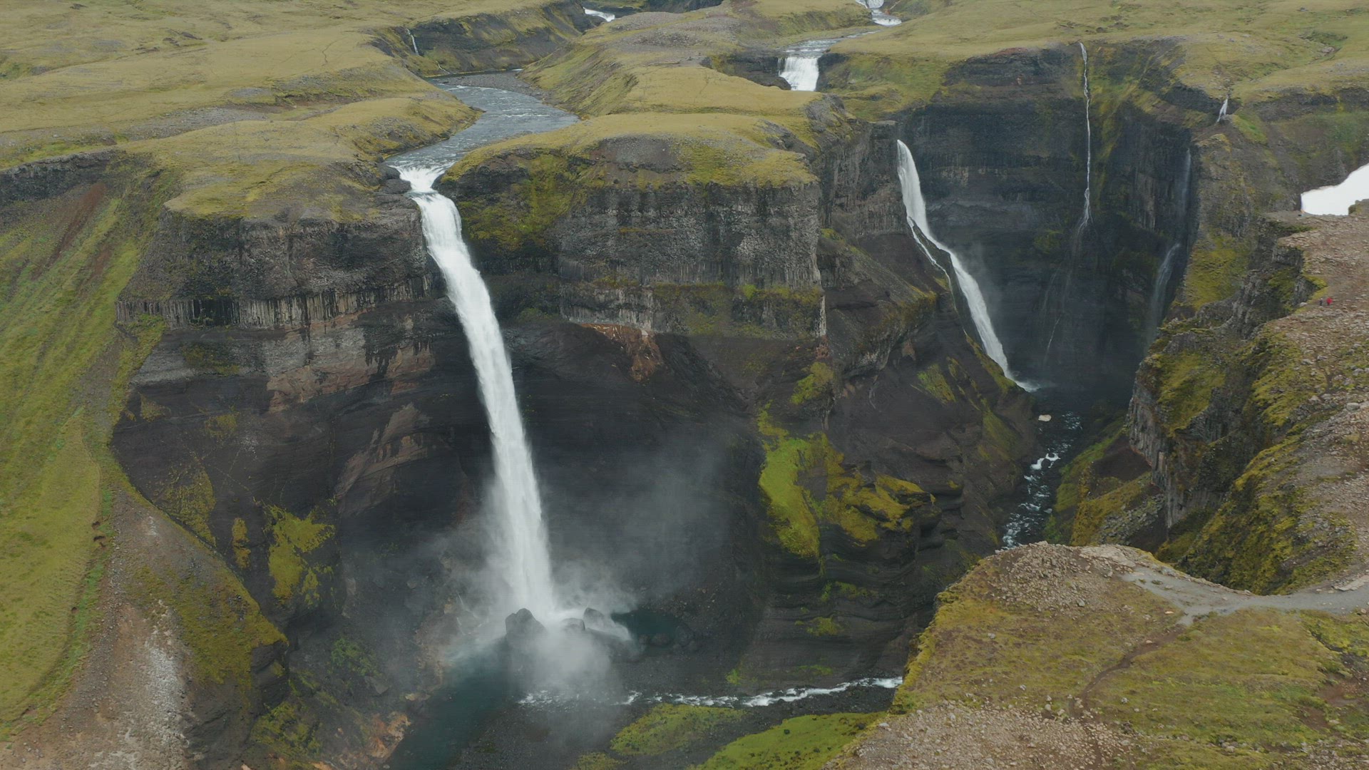 Haifoss waterfall in Iceland, Aerial view. Natural wonder Landmannalaugar canyon