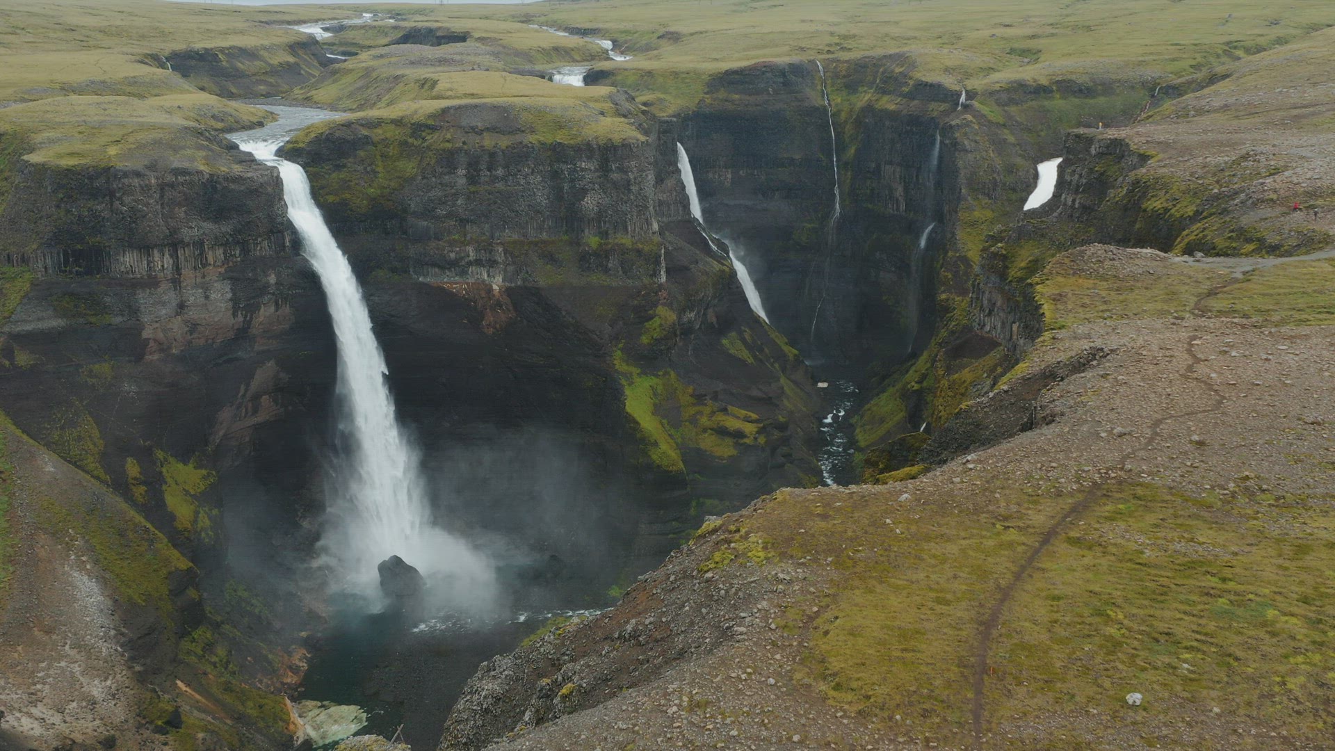Haifoss waterfall in Iceland, Aerial view. Natural wonder Landmannalaugar canyon