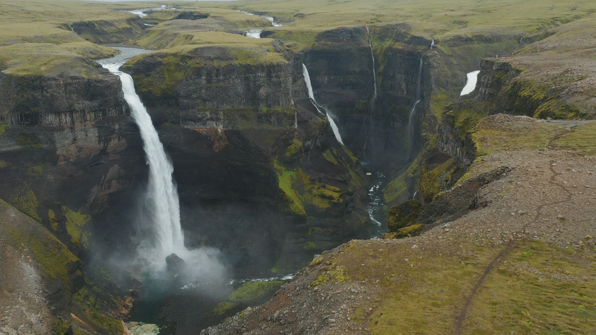 Haifoss waterfall in Iceland, Aerial view. Natural wonder Landmannalaugar canyon