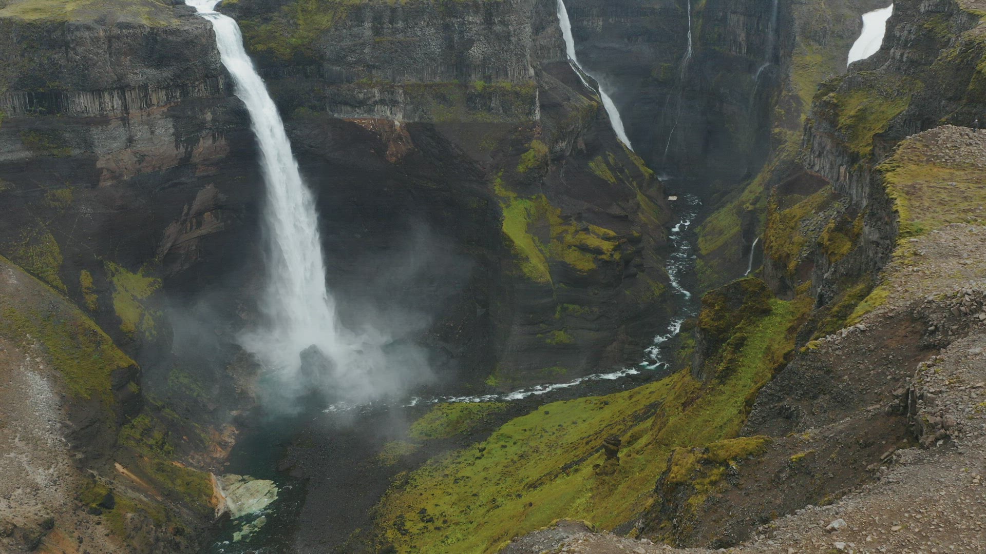 Haifoss waterfall in Iceland, Aerial view. Natural wonder Landmannalaugar canyon