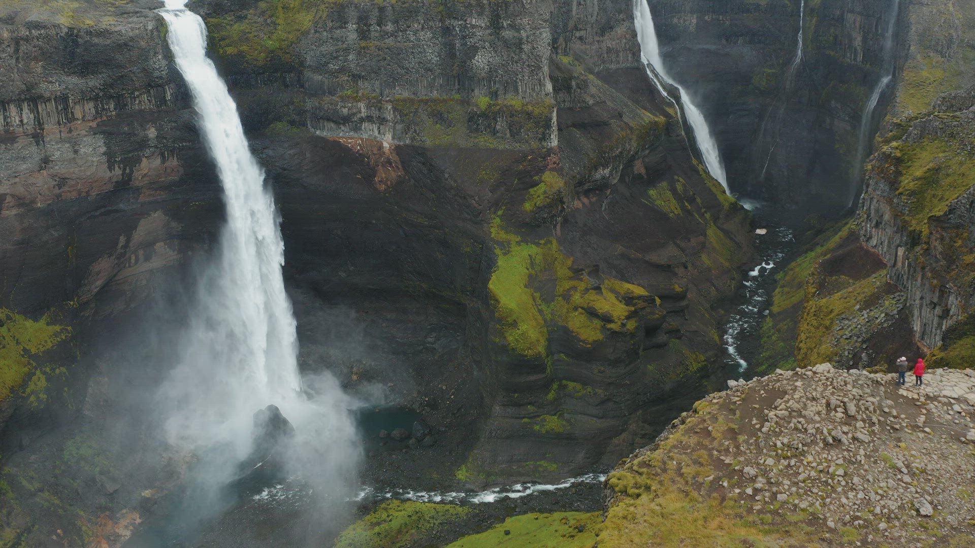 Haifoss waterfall in Iceland, Aerial view. Natural wonder Landmannalaugar canyon