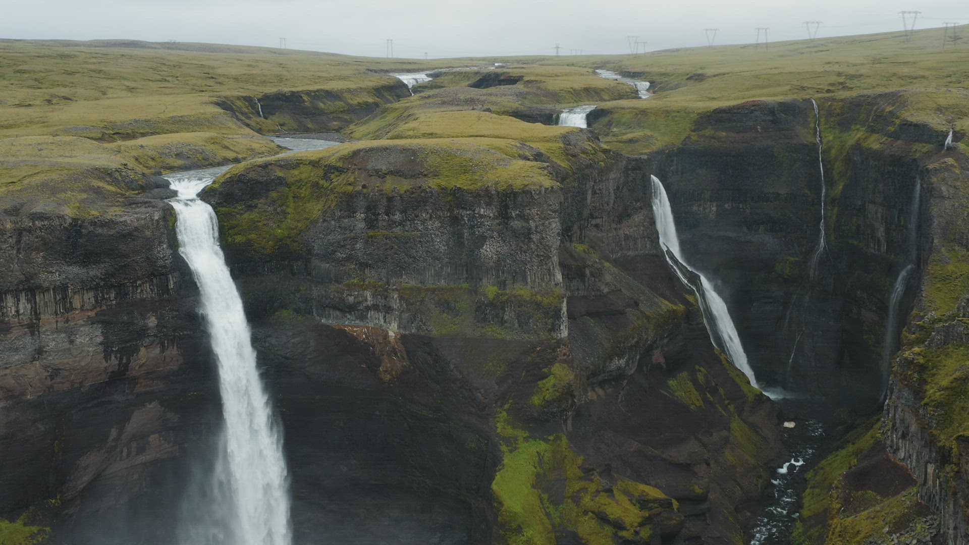 Haifoss waterfall in Iceland, Aerial view. Natural wonder Landmannalaugar canyon