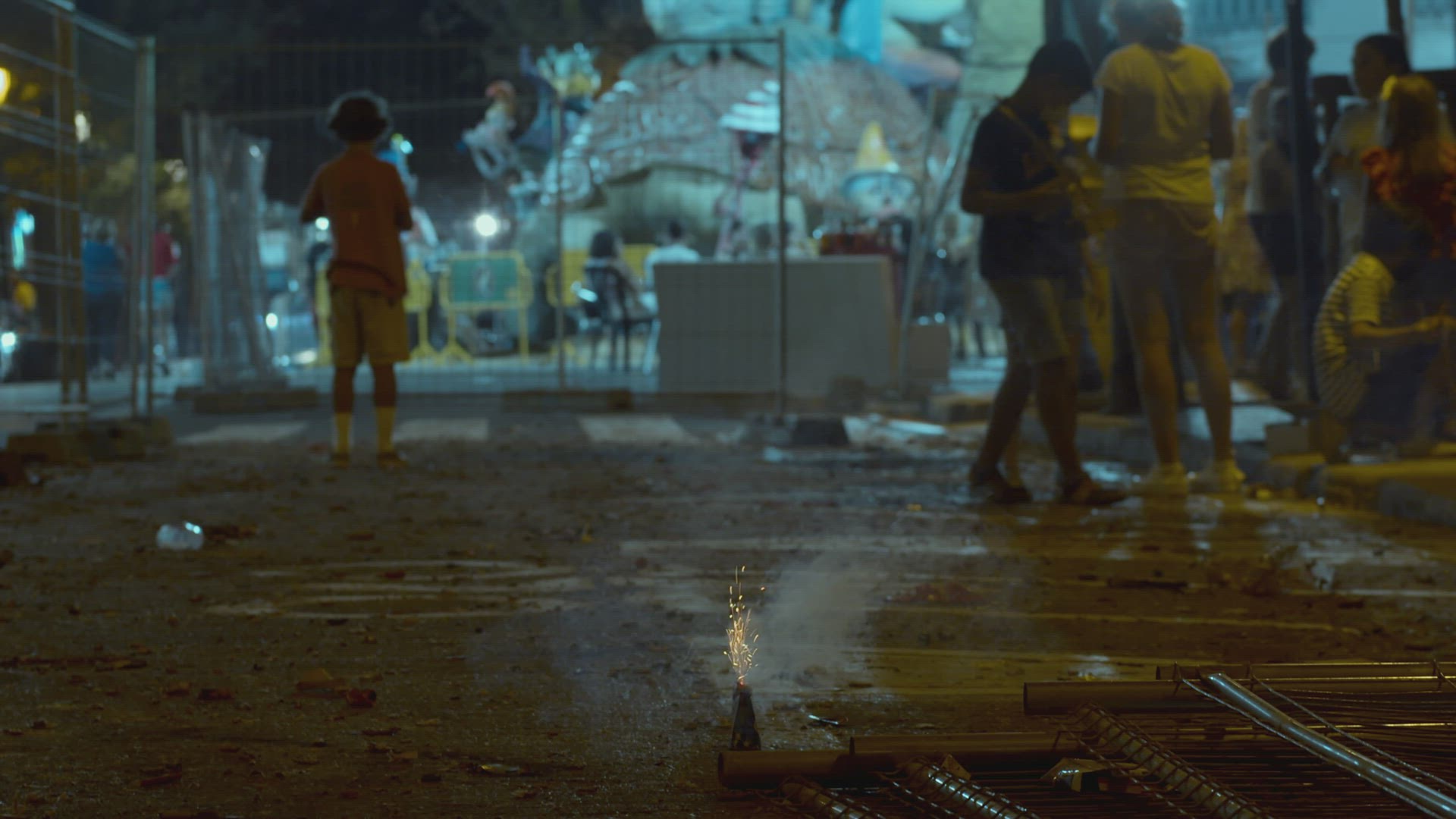 Pyrotechnics in night street of Valencia during Las Fallas festival