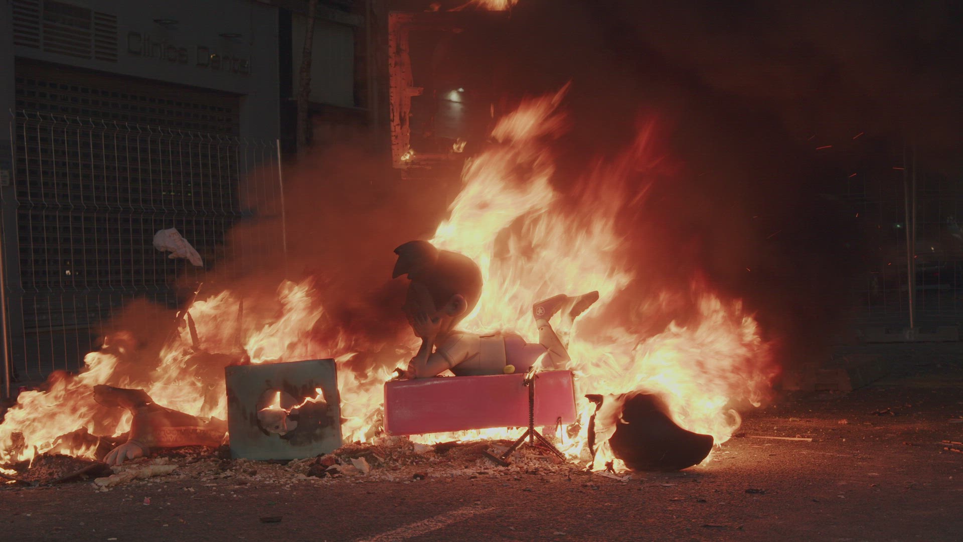 Las Fallas sculpture in flames. Night celebration