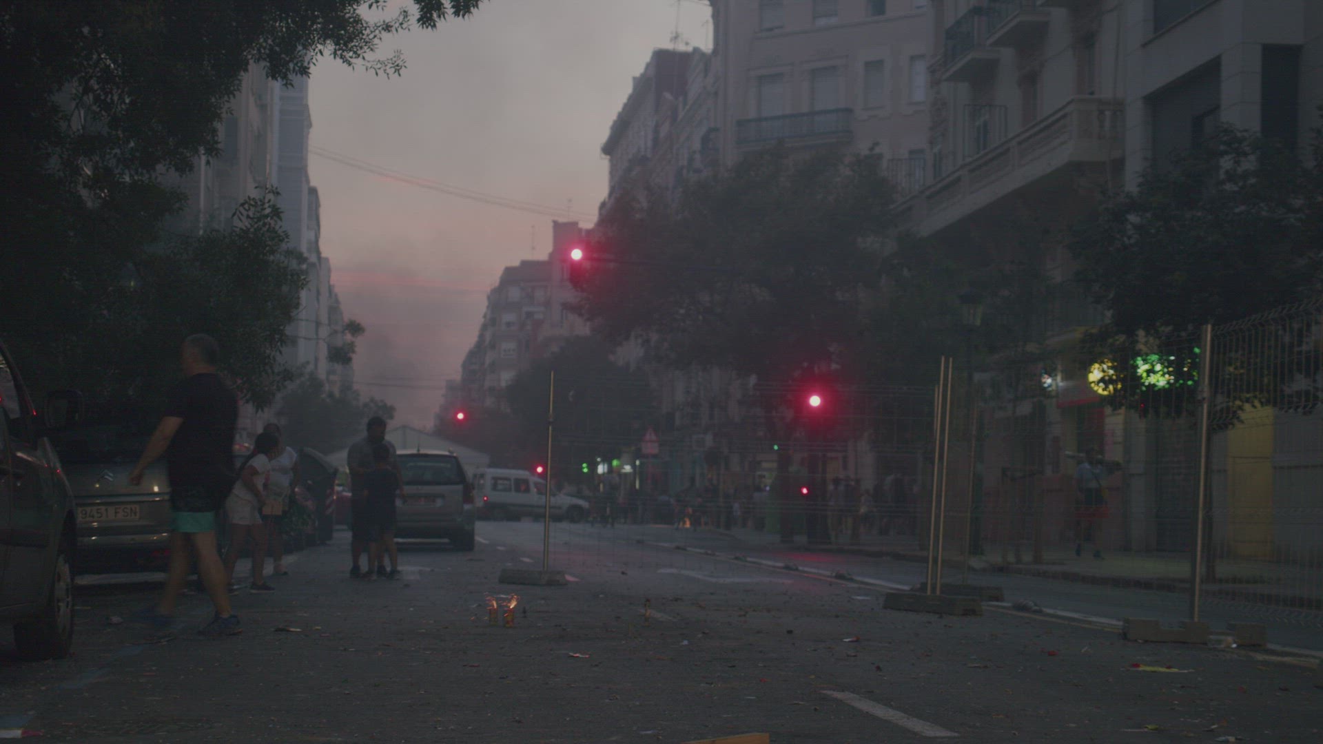 Firecrackers in the street to celebrate Las Fallas in Valencia, Spain