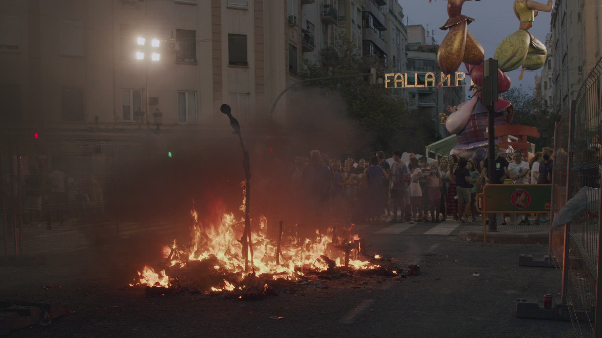 Final night of Las Fallas in Spain. Street sculptures burning in flames