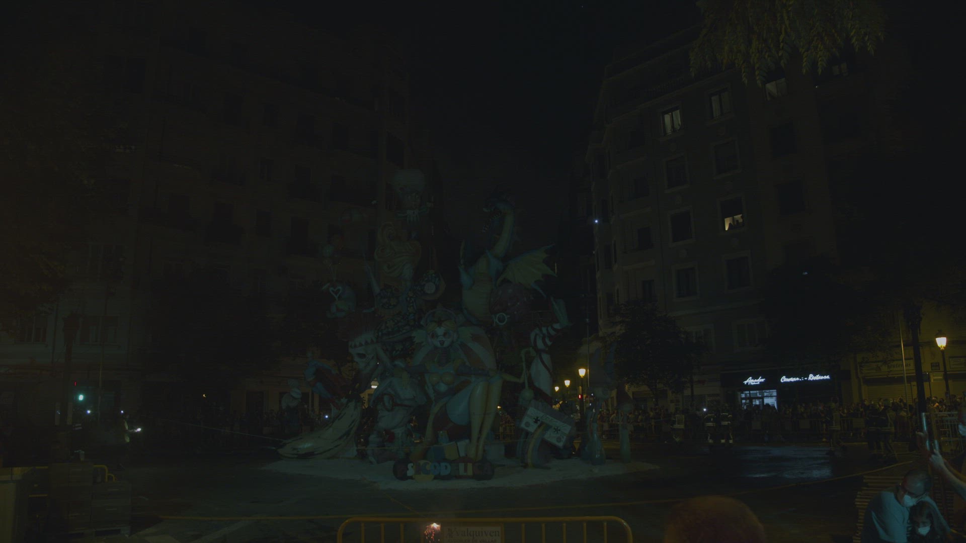Fireworks and big bonfire at Las Fallas night. Festival in Spain