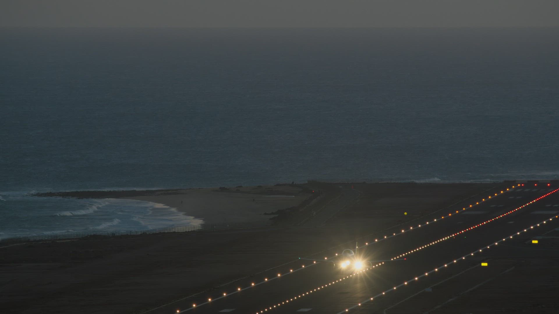 The plane takes off at night