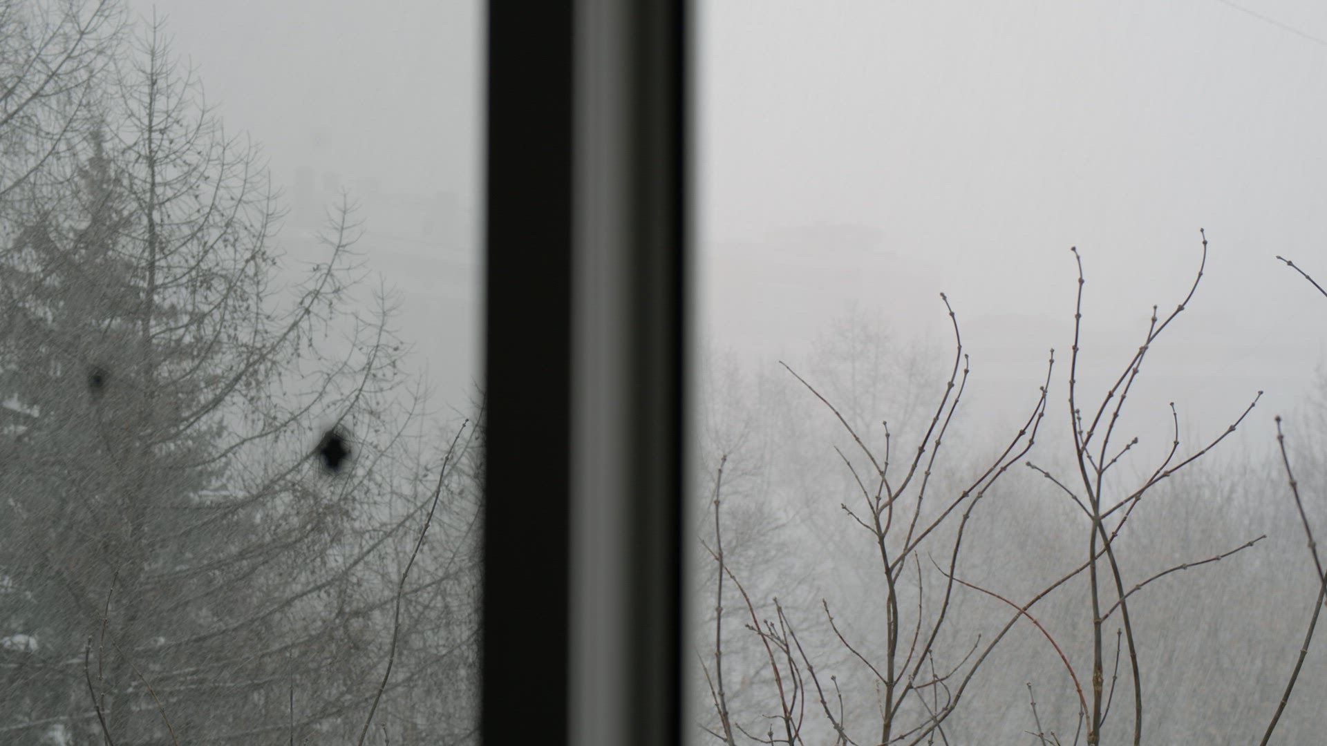 Heavy snowfall outside the window, looking through the window