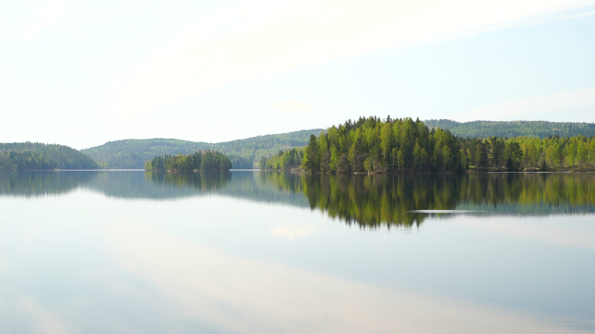 view landscape in värmland - mirror lake and forests - mirror image - rings on water