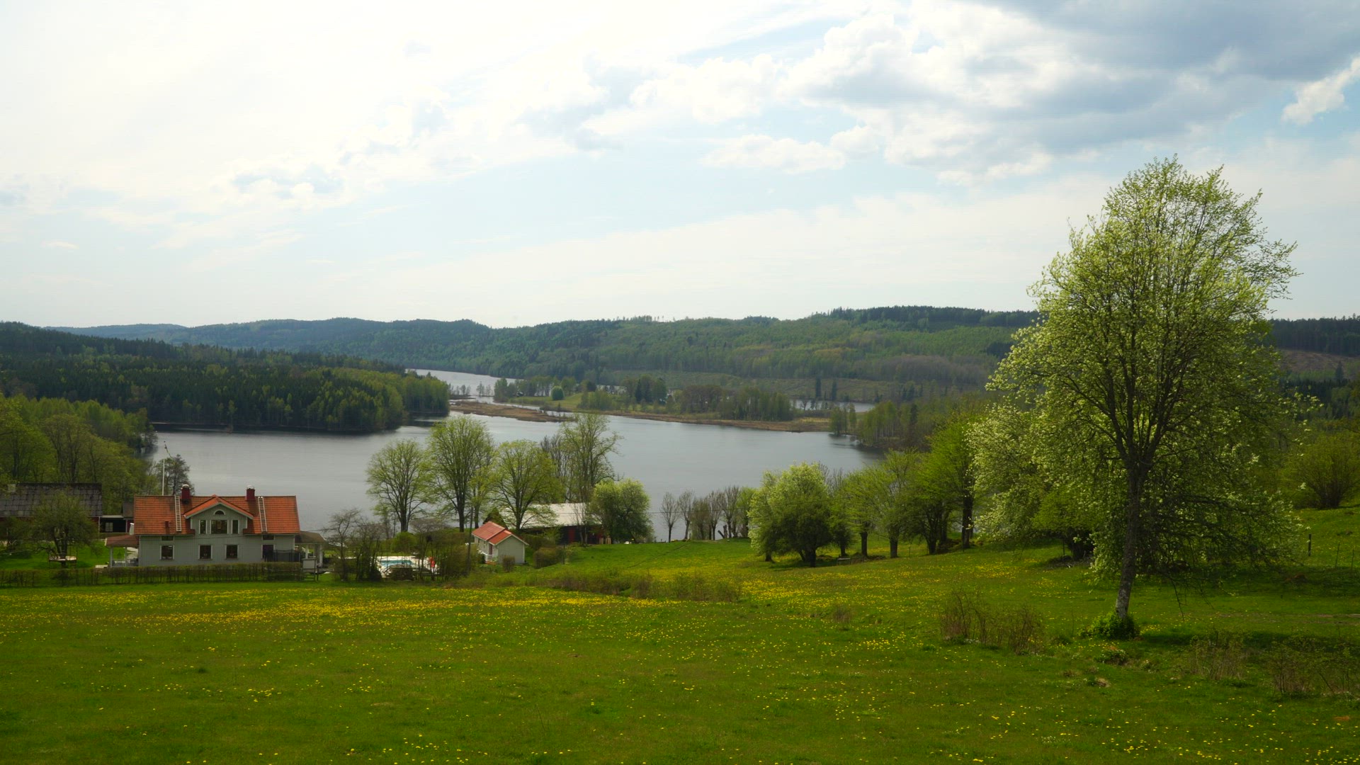 view over landscape in spring - house and lake - homestead