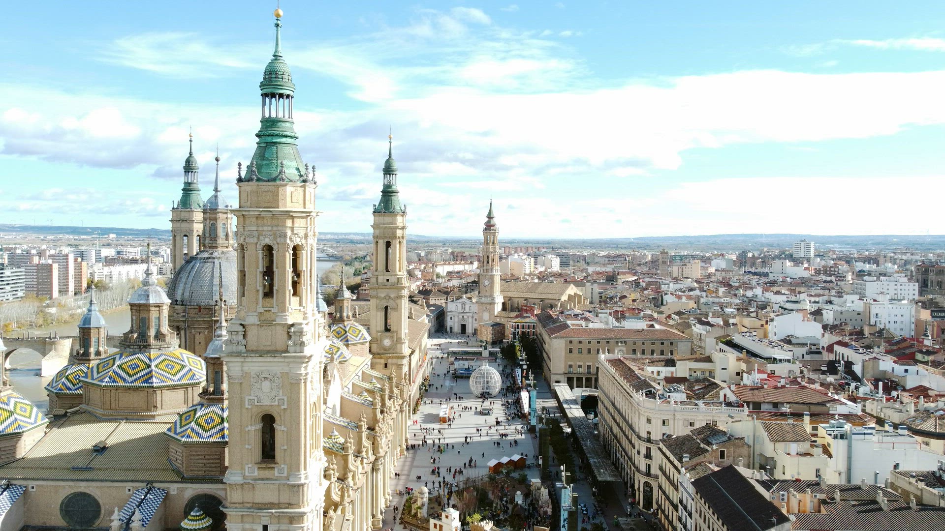 Aerial view of Zaragoza with Cathedral-Basilica of Our Lady of the Pillar, Spain