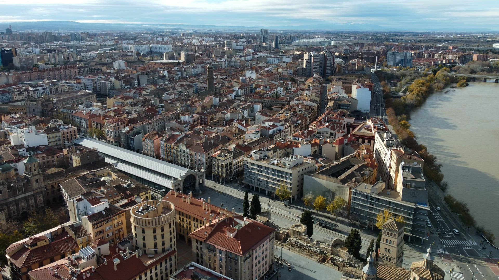 Zaragoza aerial view with Central Market, Spain