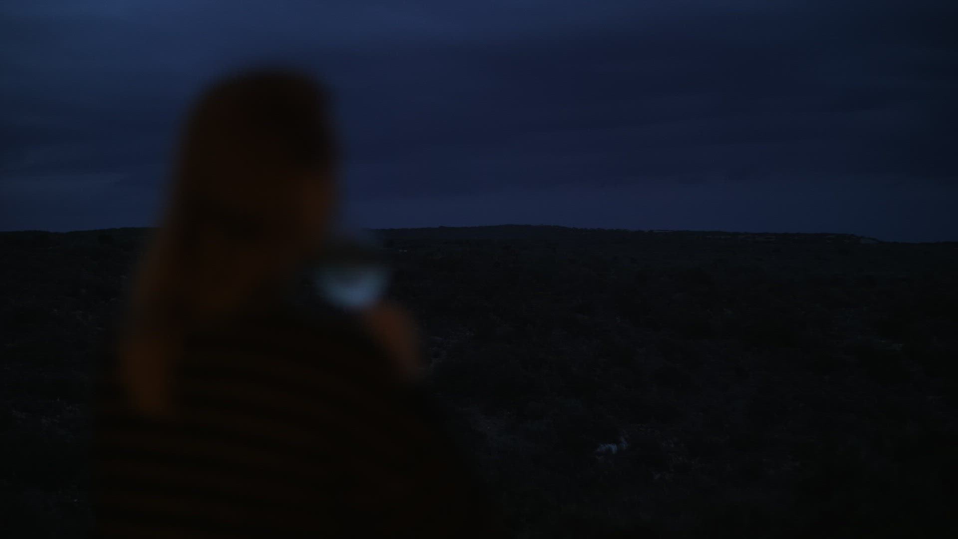 Lonely woman drinking wine and looking at green landscape, view in the dusk