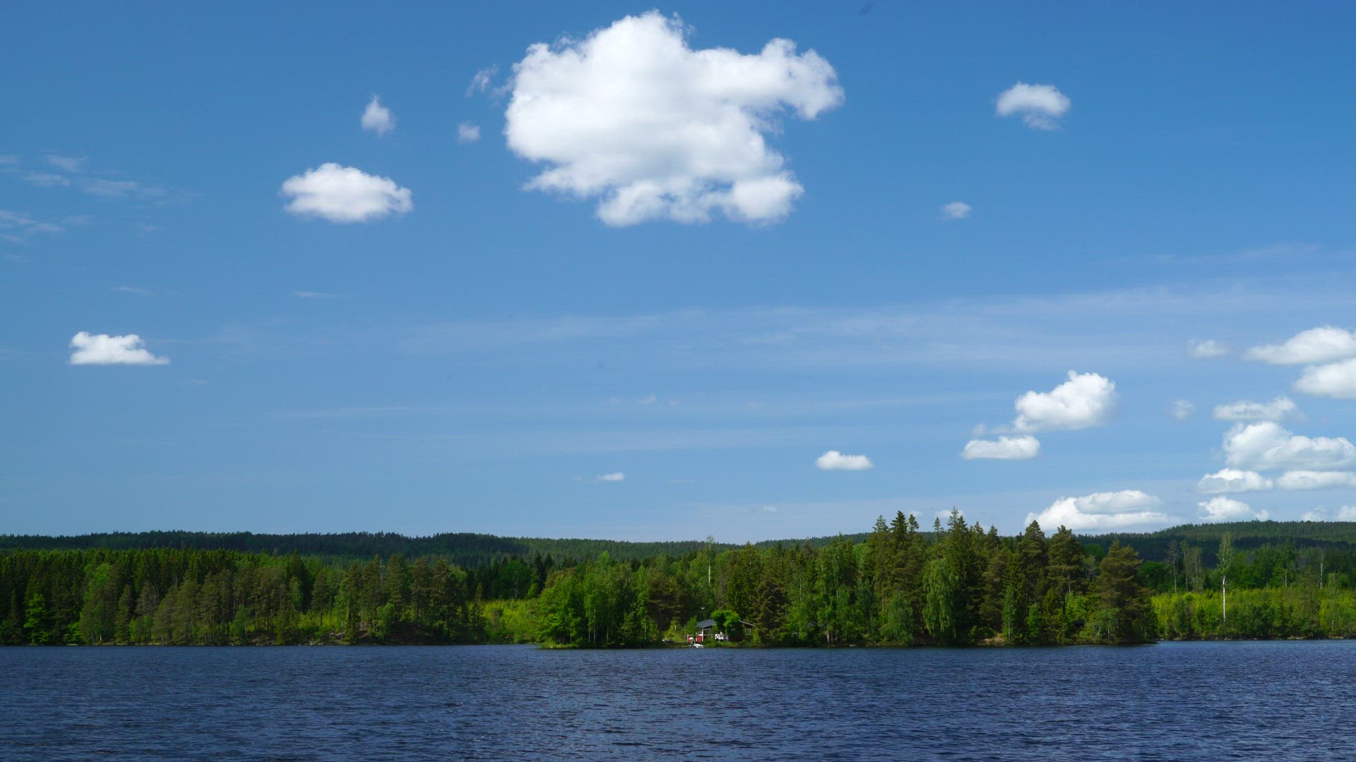 small red summer cottage close to lake in swedish forest