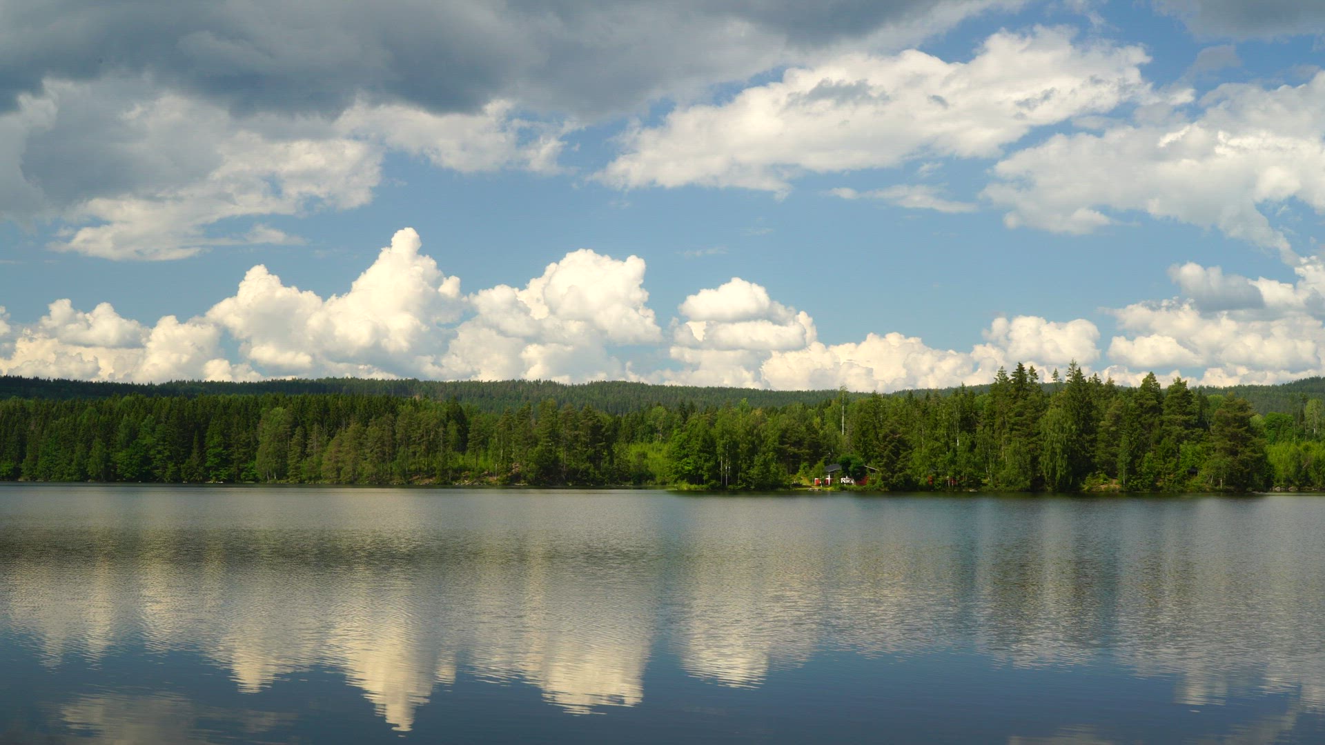 red summer cottage in forest close to lake - ripples in lake water - reflections in water