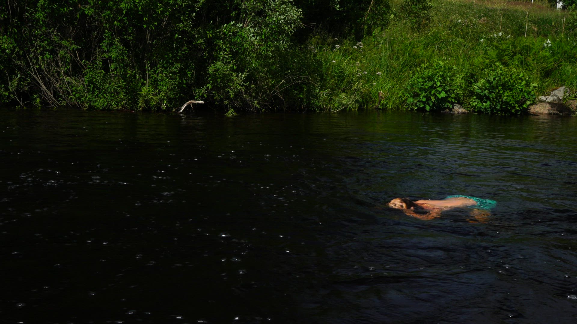 Boy cleaning hair with schampoo in rivers streaming water