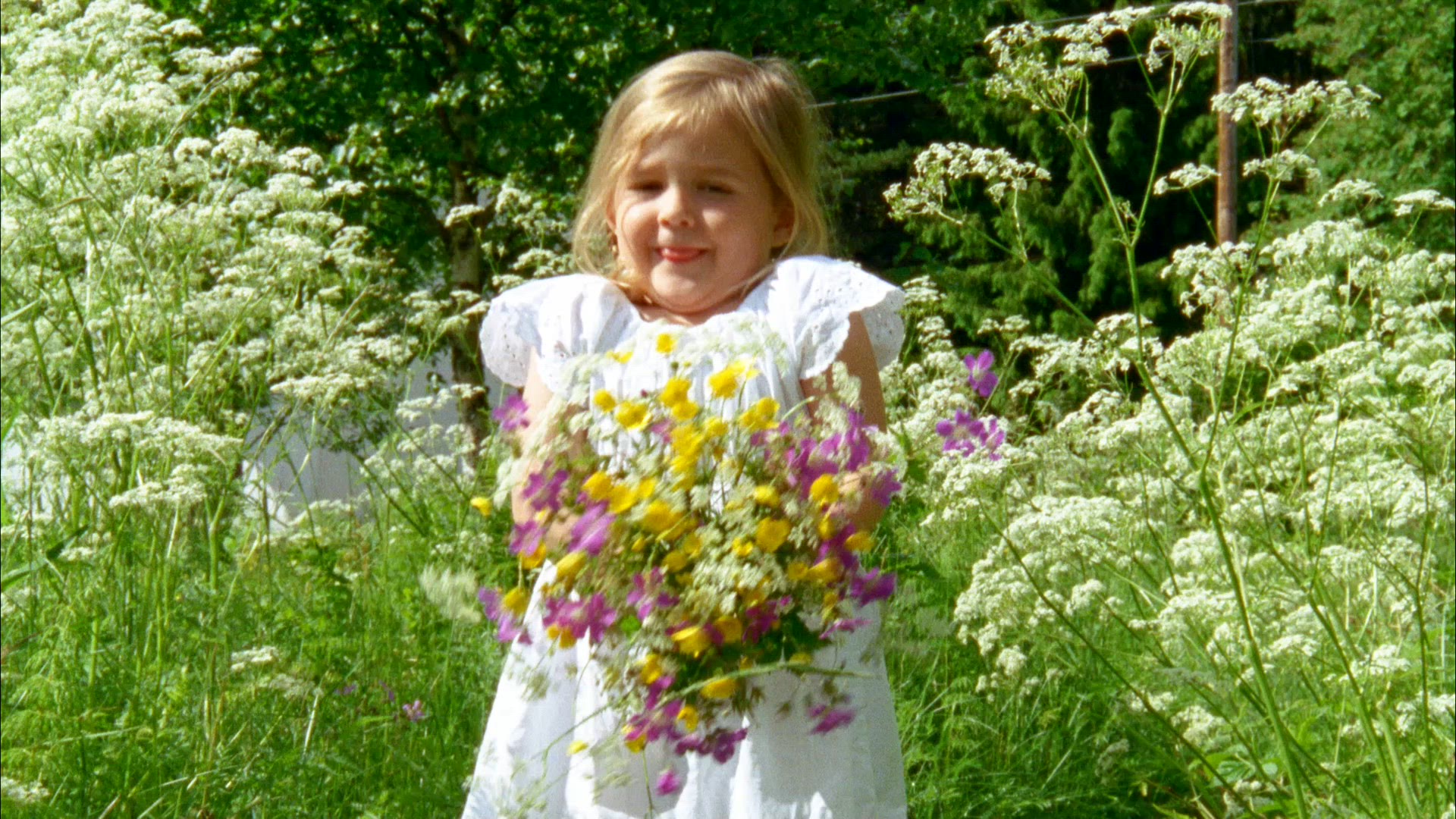 girl with summer flowers - smelling flowers