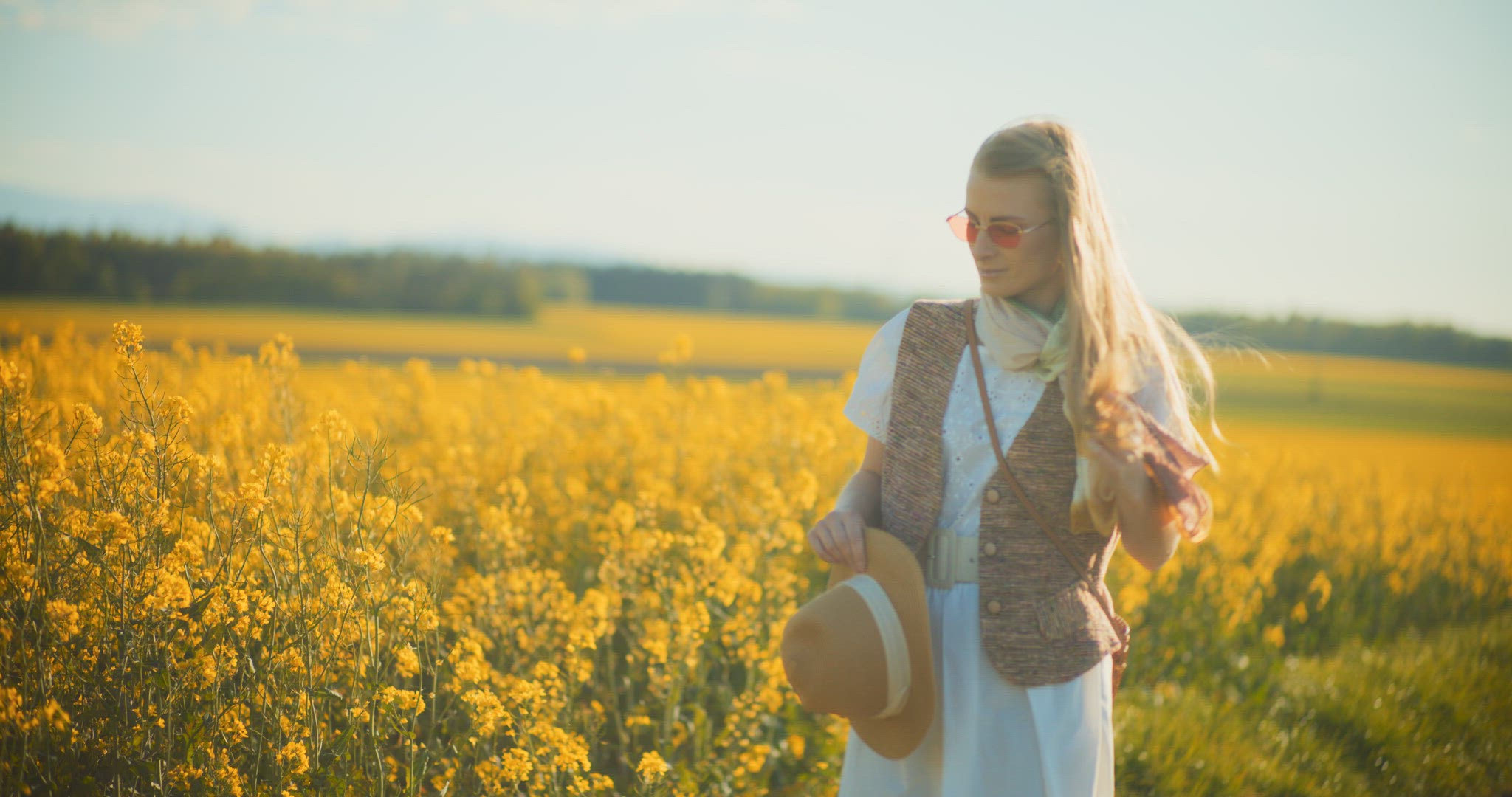Smiling Woman Walking Rapeseed Field Portrait