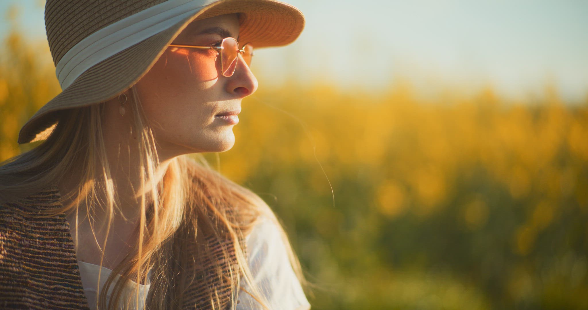 Smiling Woman Walking Rapeseed Field Portrait