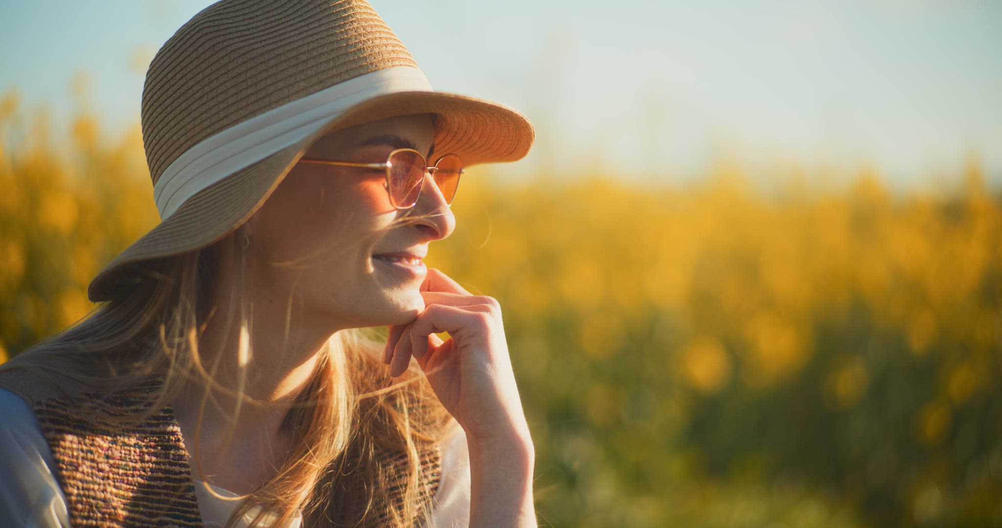 Smiling Woman Walking Rapeseed Field Portrait