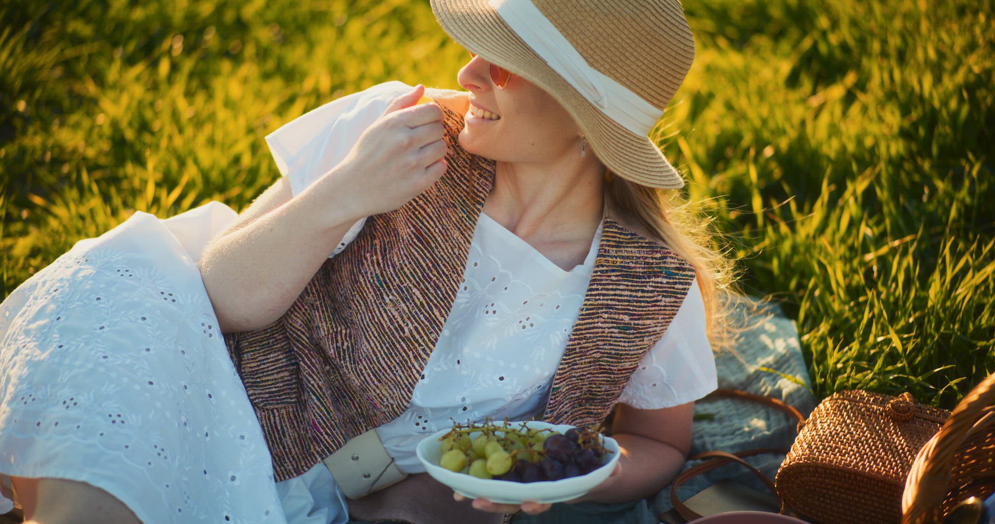 Smiling Woman Walking Rapeseed Field Portrait