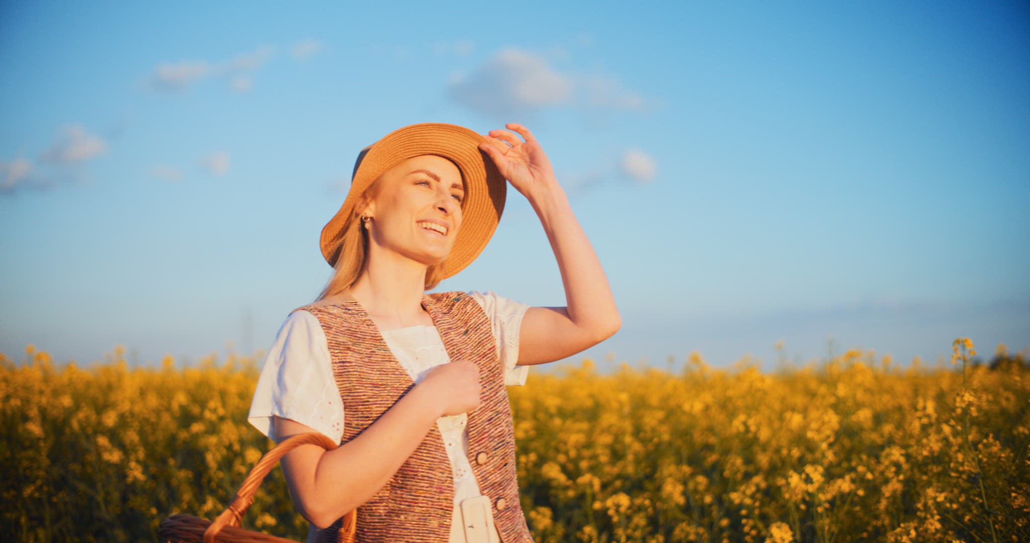 Smiling Woman Walking Rapeseed Field Portrait