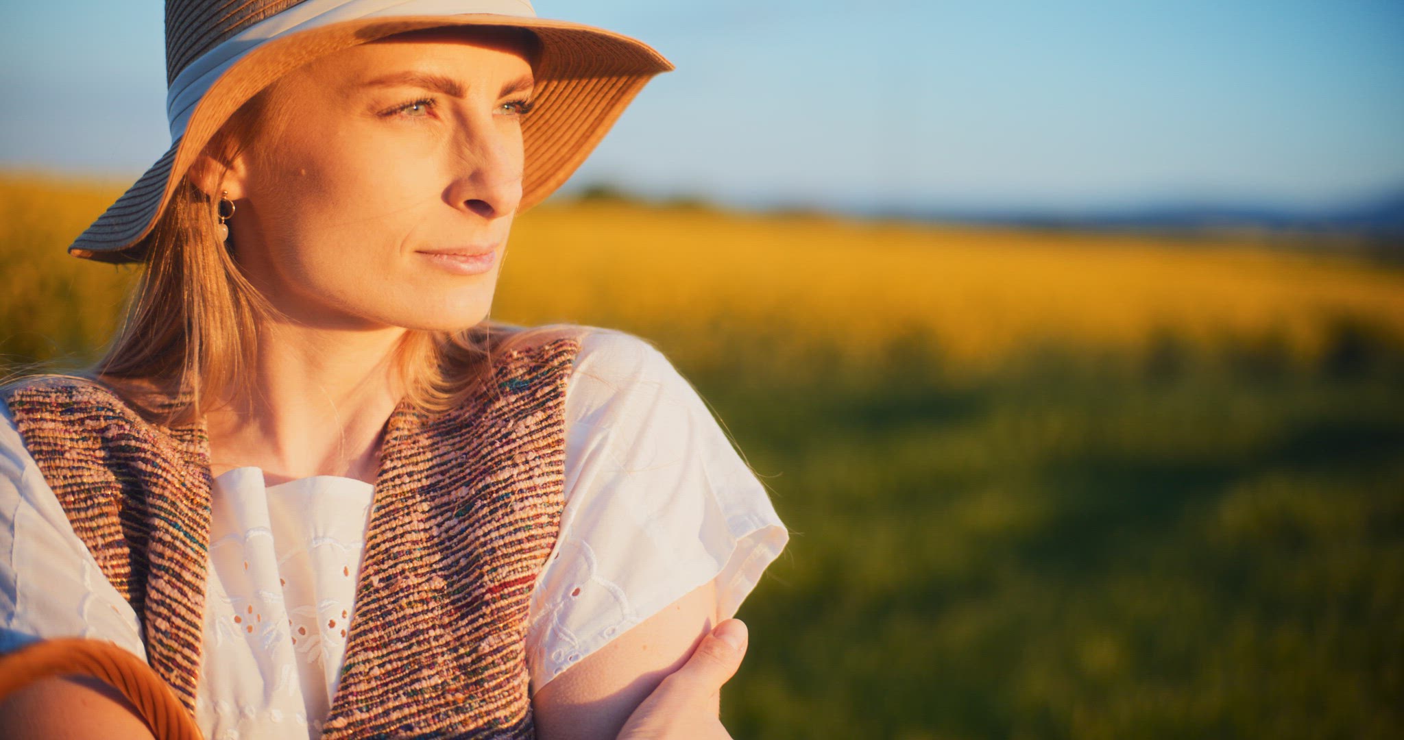 Smiling Woman Walking Rapeseed Field Portrait