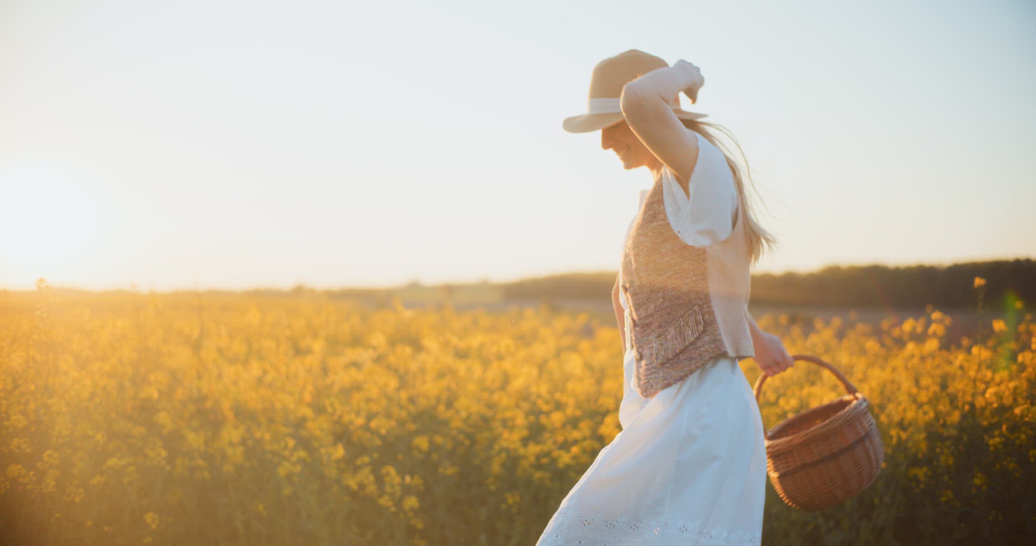 Smiling Woman Walking Rapeseed Field Portrait