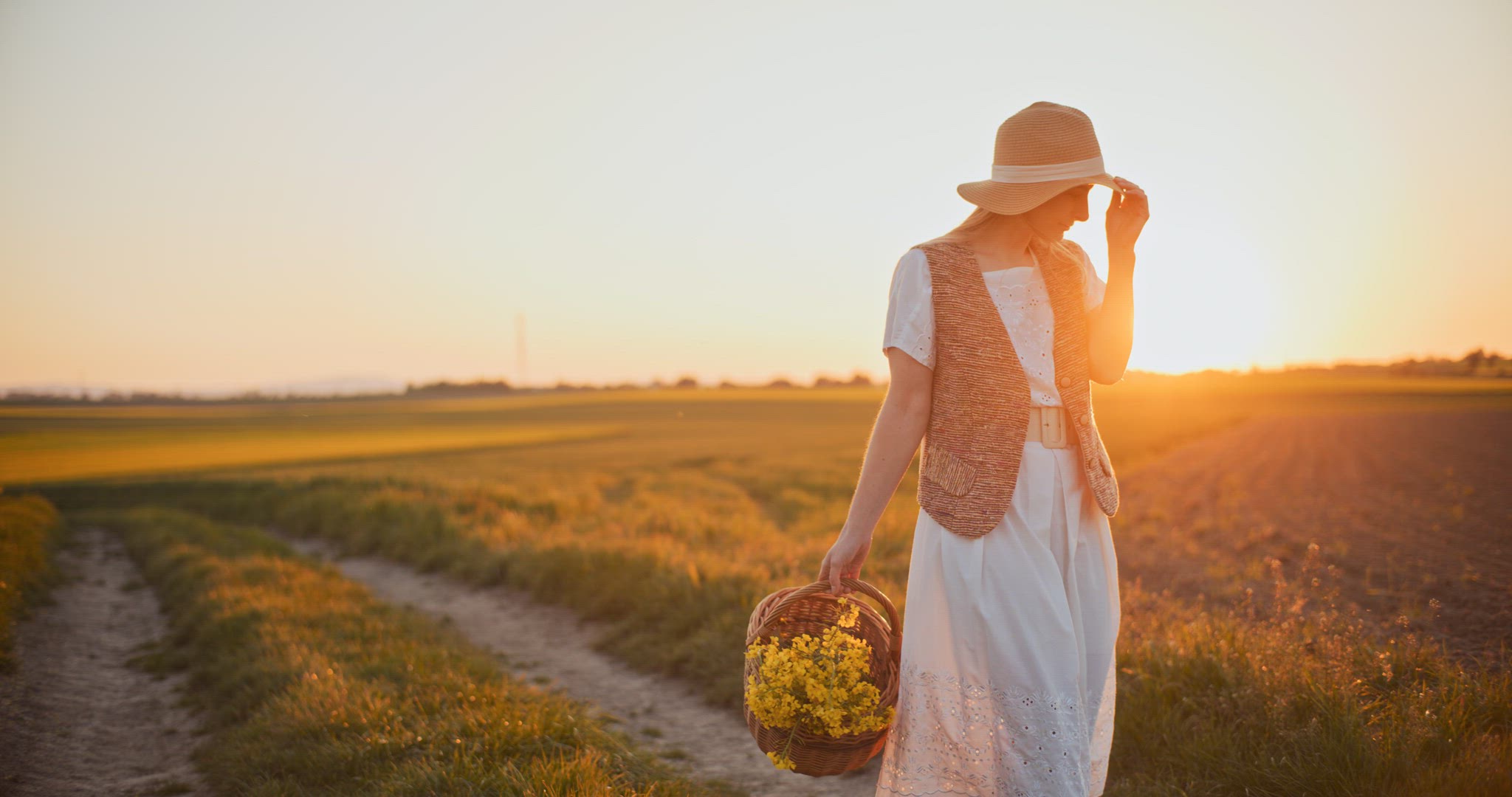 Smiling Woman Walking Rapeseed Field Portrait