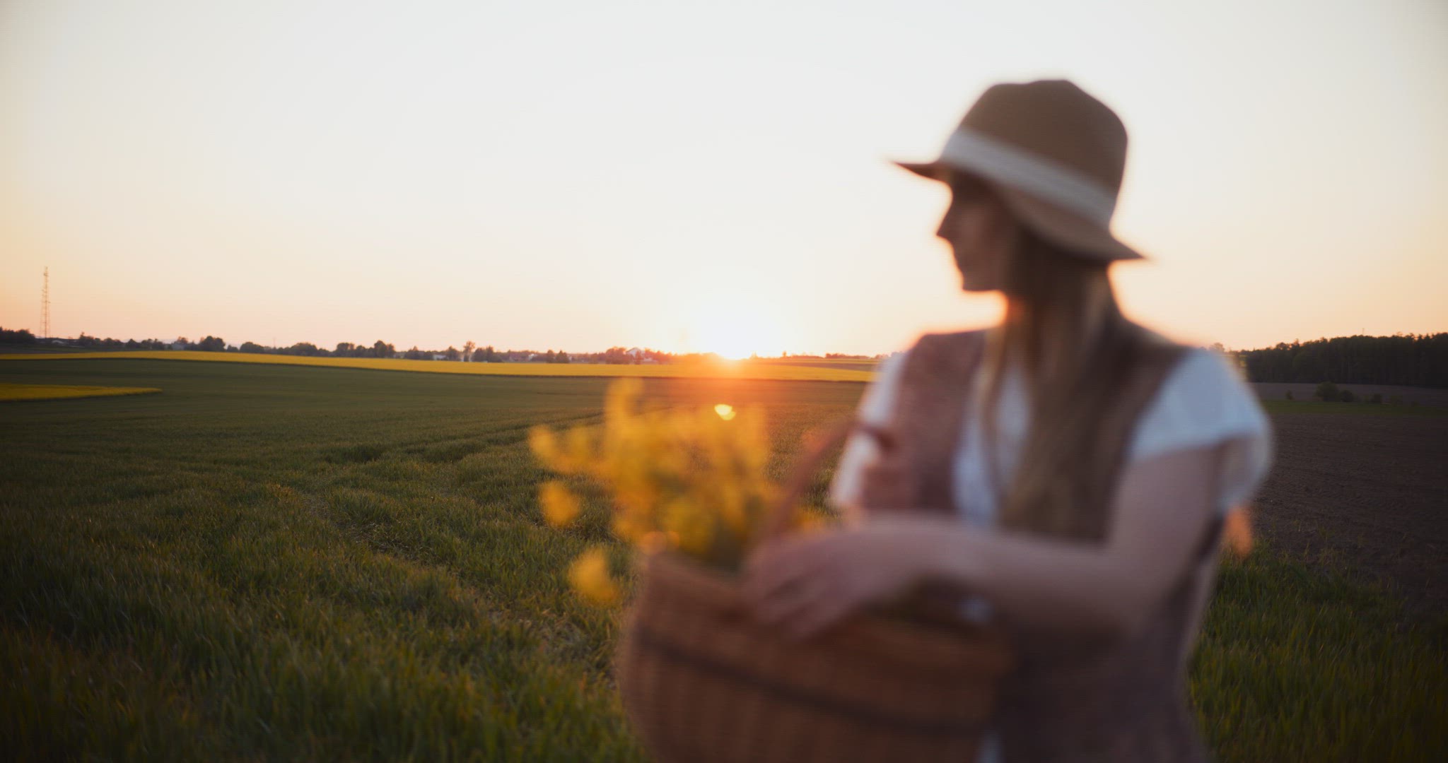 Smiling Woman Walking Rapeseed Field Portrait