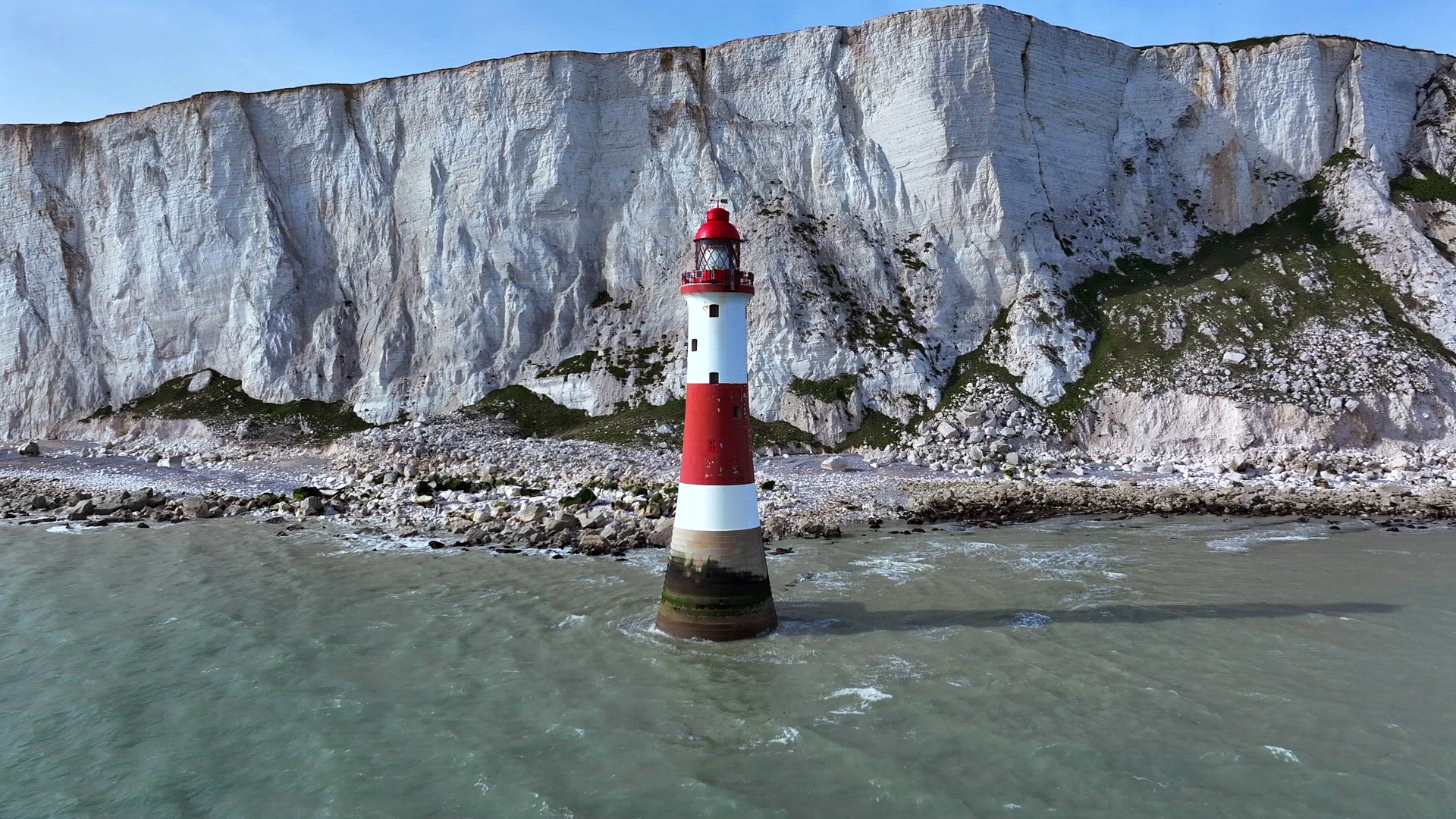 Beautiful Lighthouse on the South Coast of England Aerial View