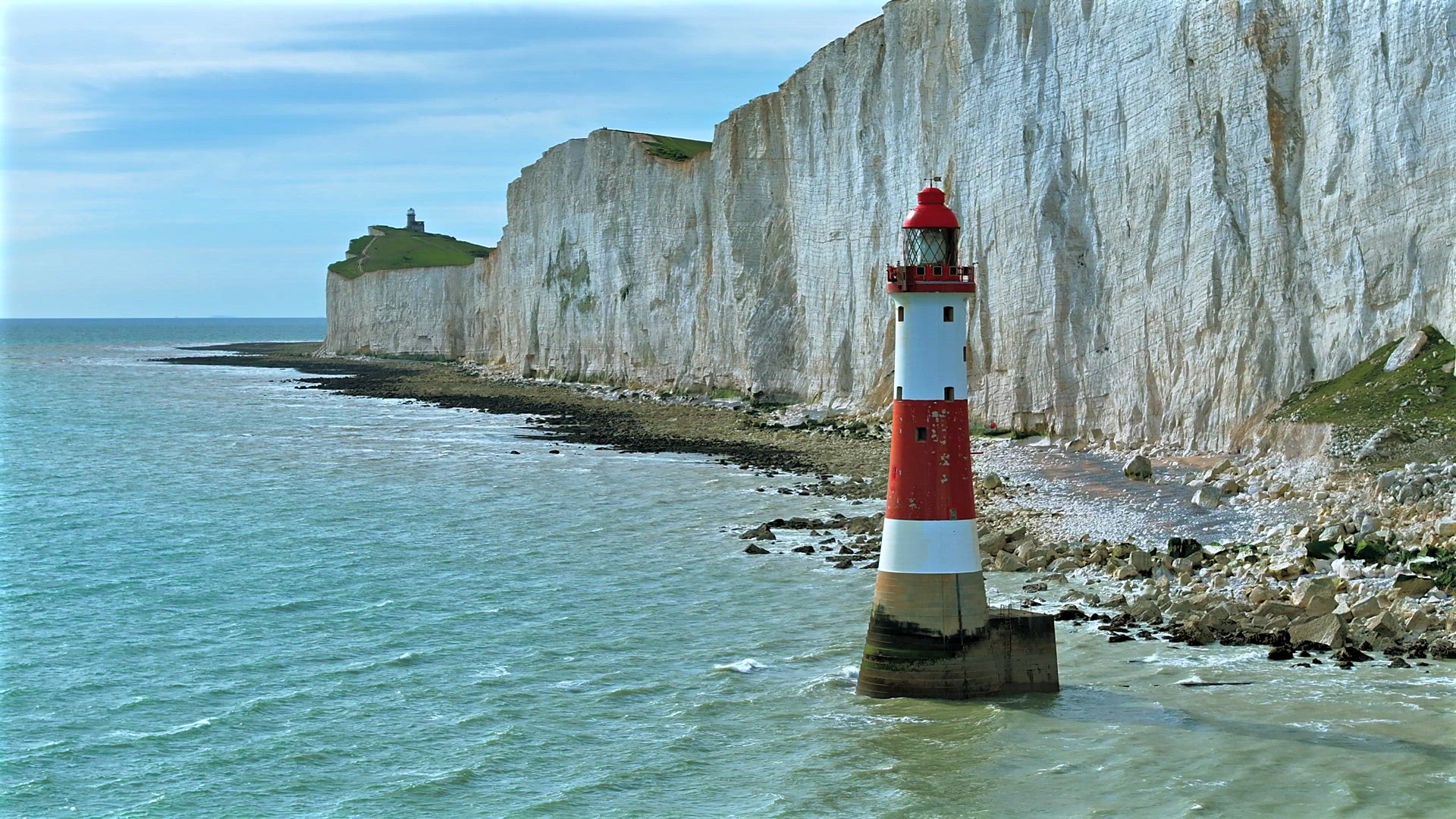 Beautiful Lighthouse on the South Coast of England Aerial View