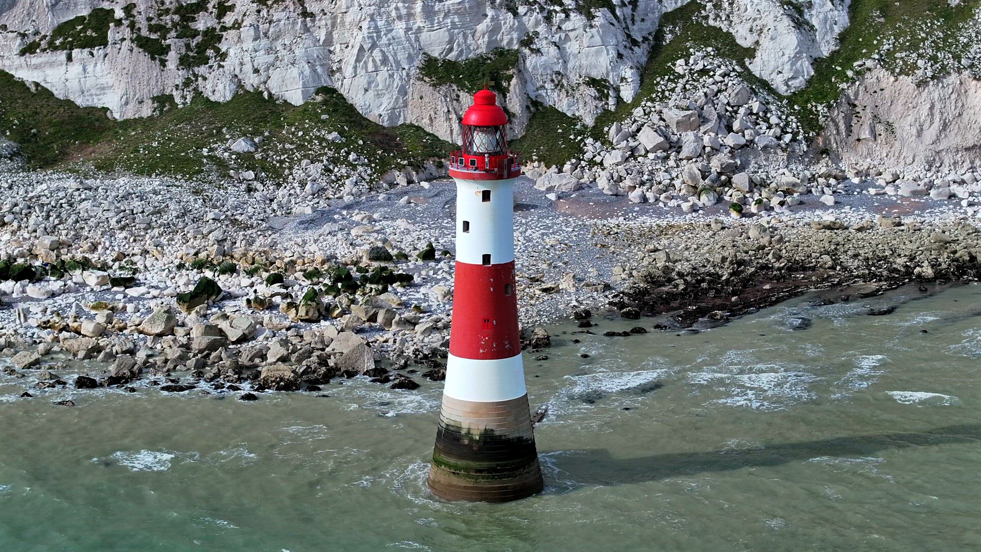 Beautiful Lighthouse on the South Coast of England Aerial View