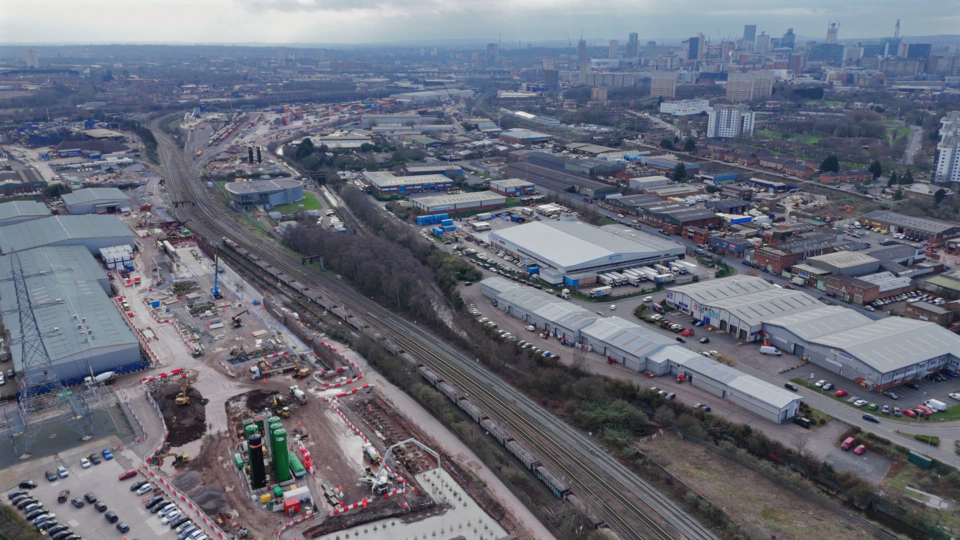 Freight Train Moving Aggregates Through Central Birmingham in the UK