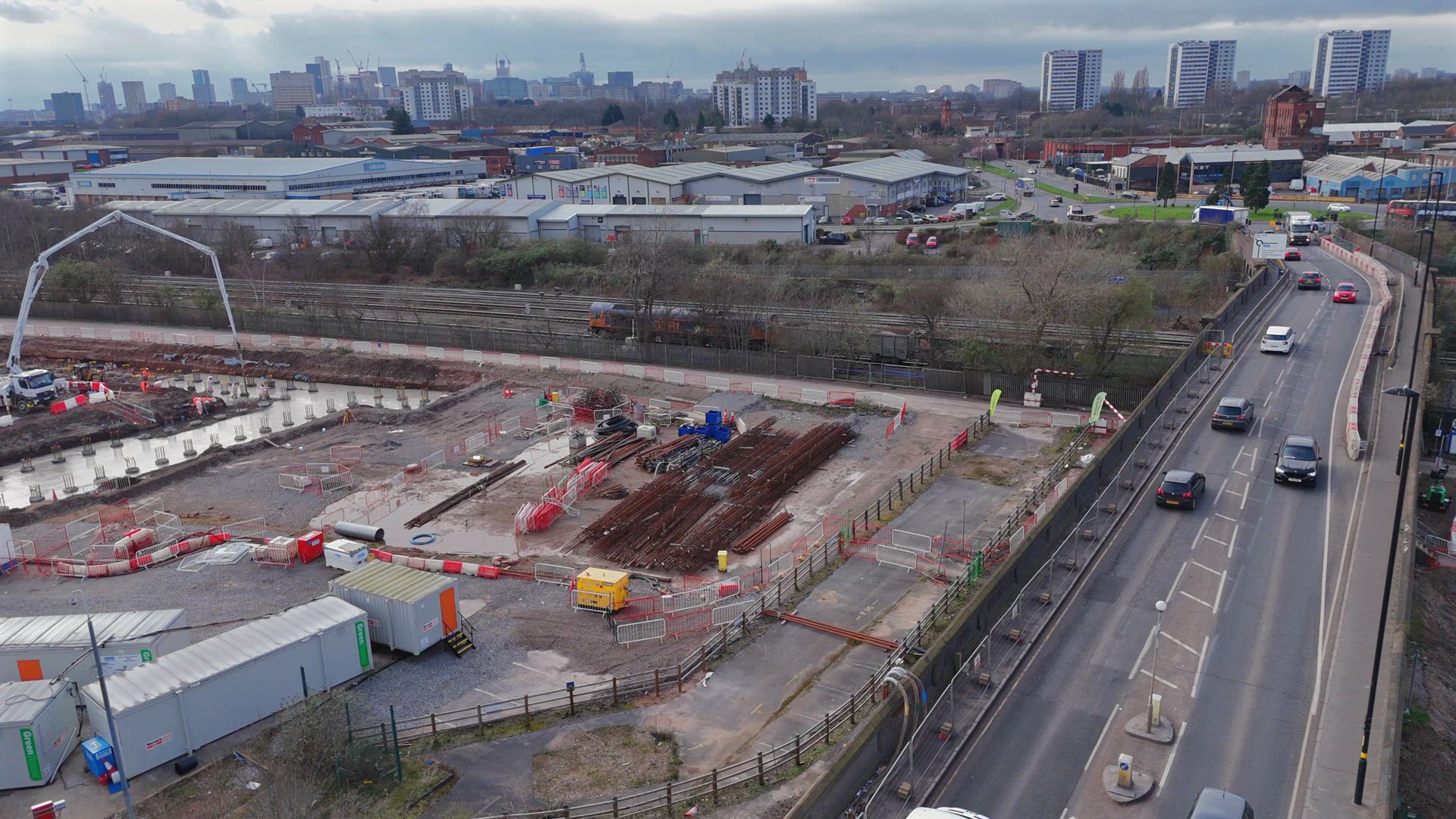 Freight Train Moving Aggregates Through Central Birmingham in the UK