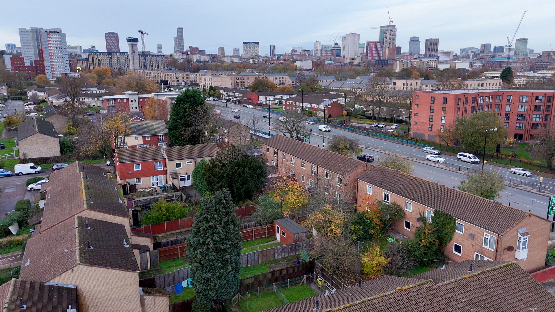 Birmingham Suburban Vista with Modern Flats and Urban City Backdrop