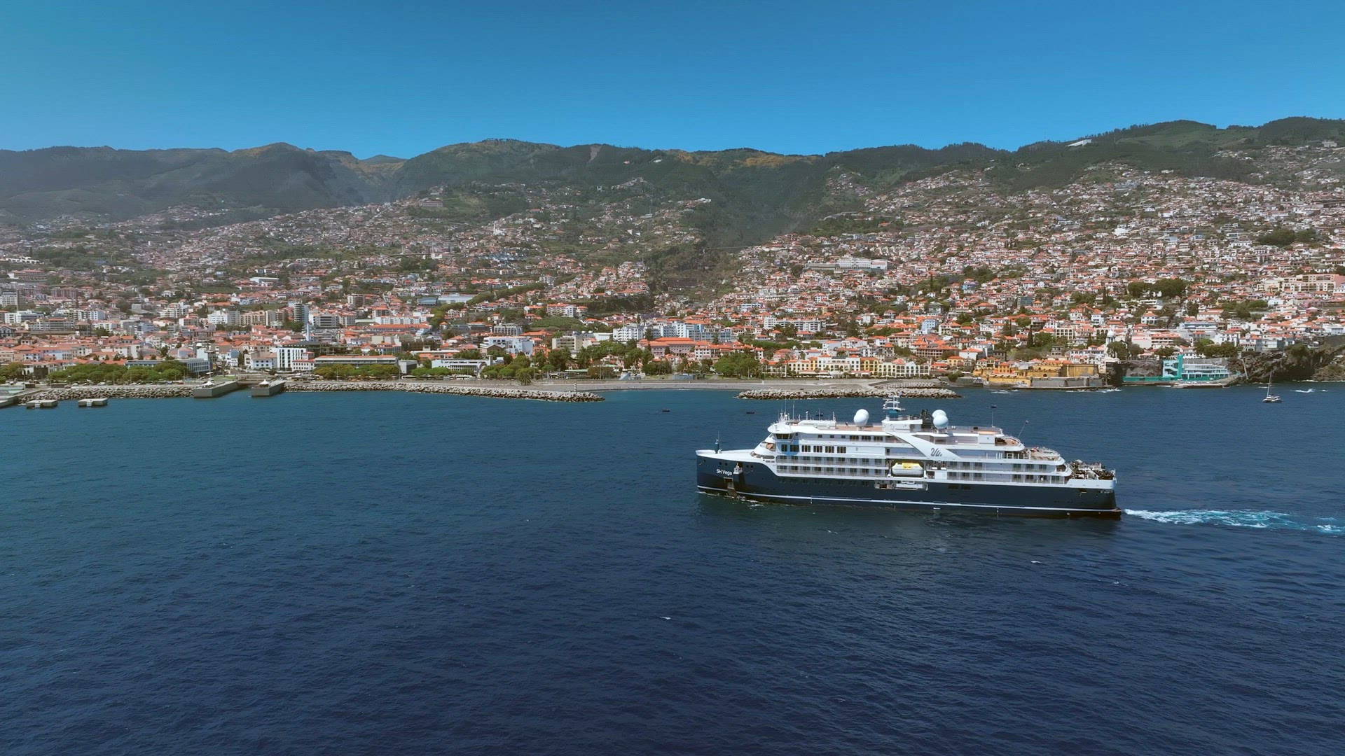 Cruise Ship Entering the Port of Funchal in the Summer Aerial View