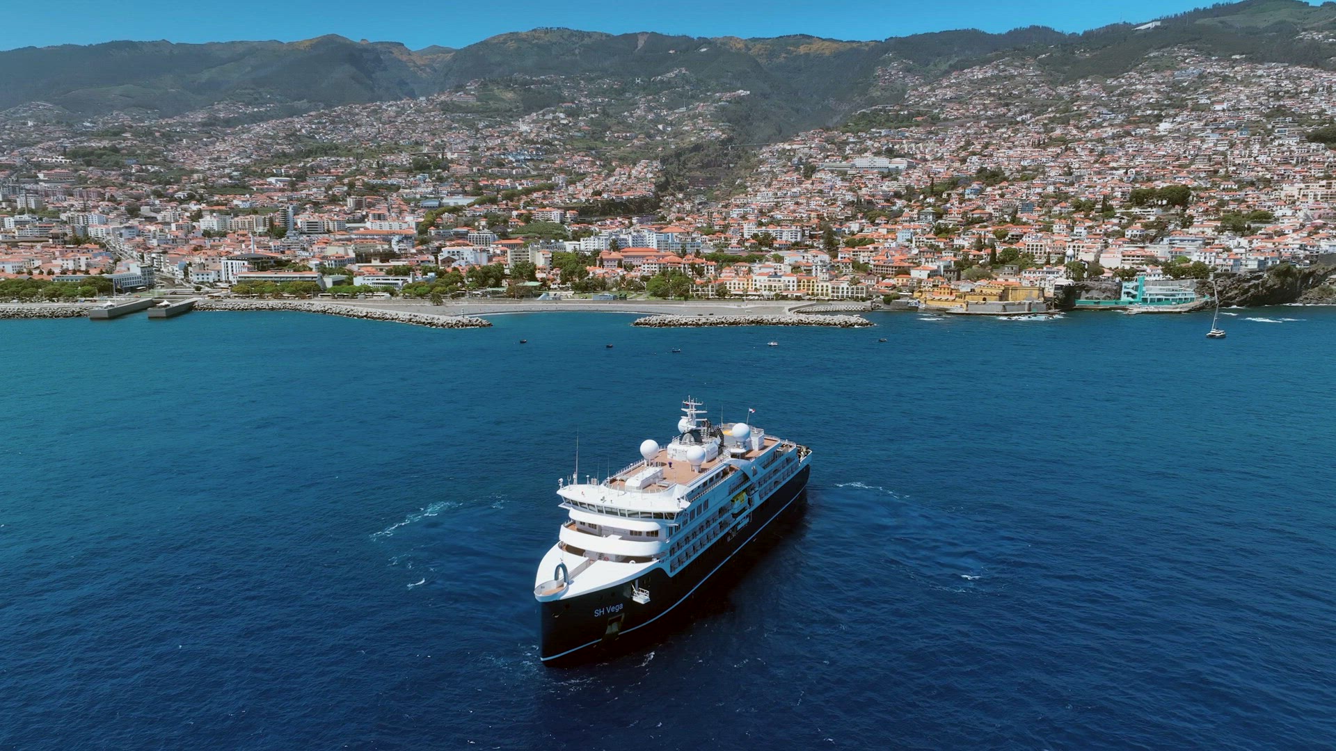 Cruise Ship Arriving into Funchal Port in Madeira Aerial View