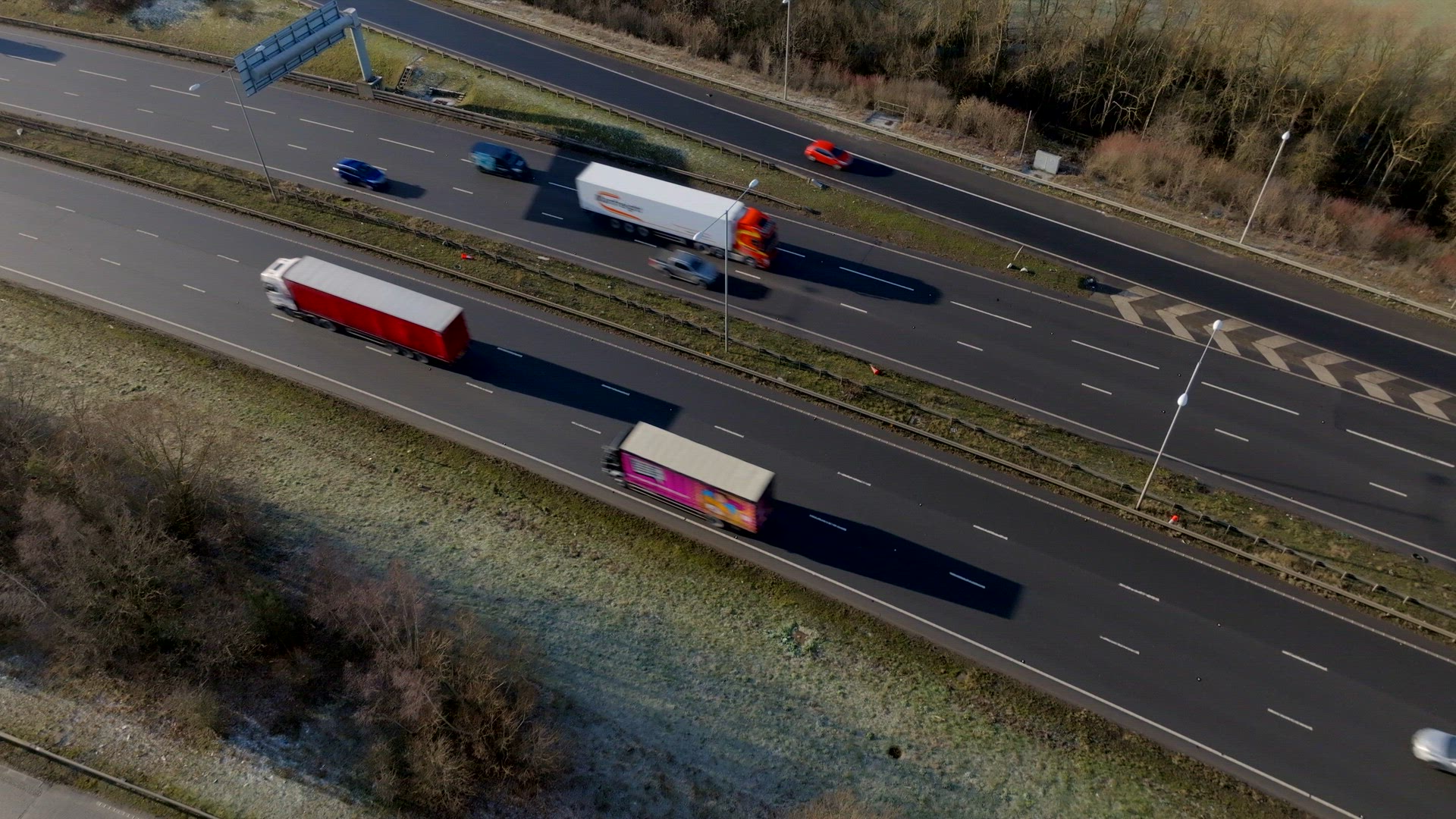 Motorway Driving in the UK Aerial View Showing Lorries, Vans, Cars and Vehicles