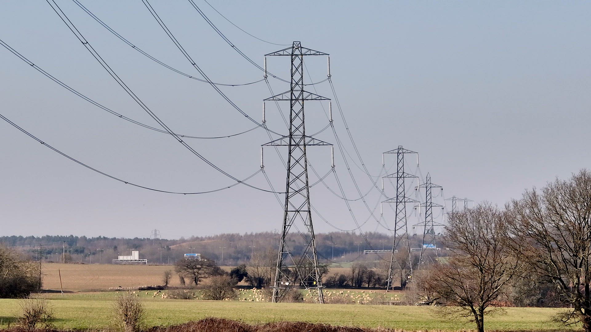 Rows of High Voltage Lattice Power Line Towers Aerial View