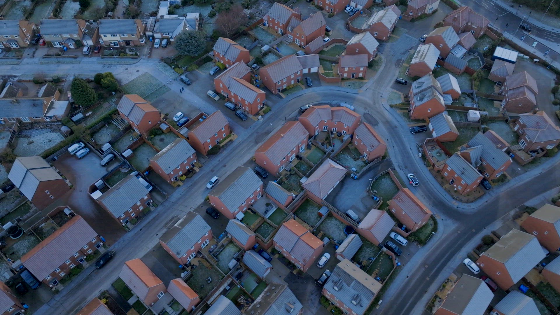 New Build Housing Estate on a Frosty UK Morning Aerial View