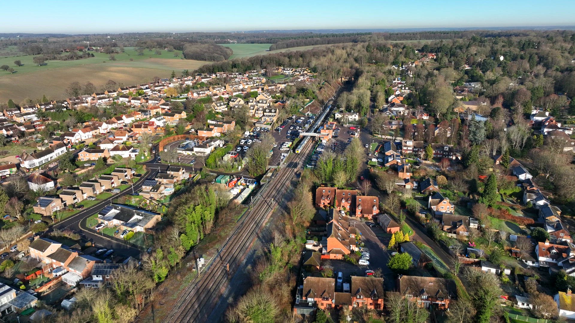 Aerial View of a Train Stopped at Digswell Station